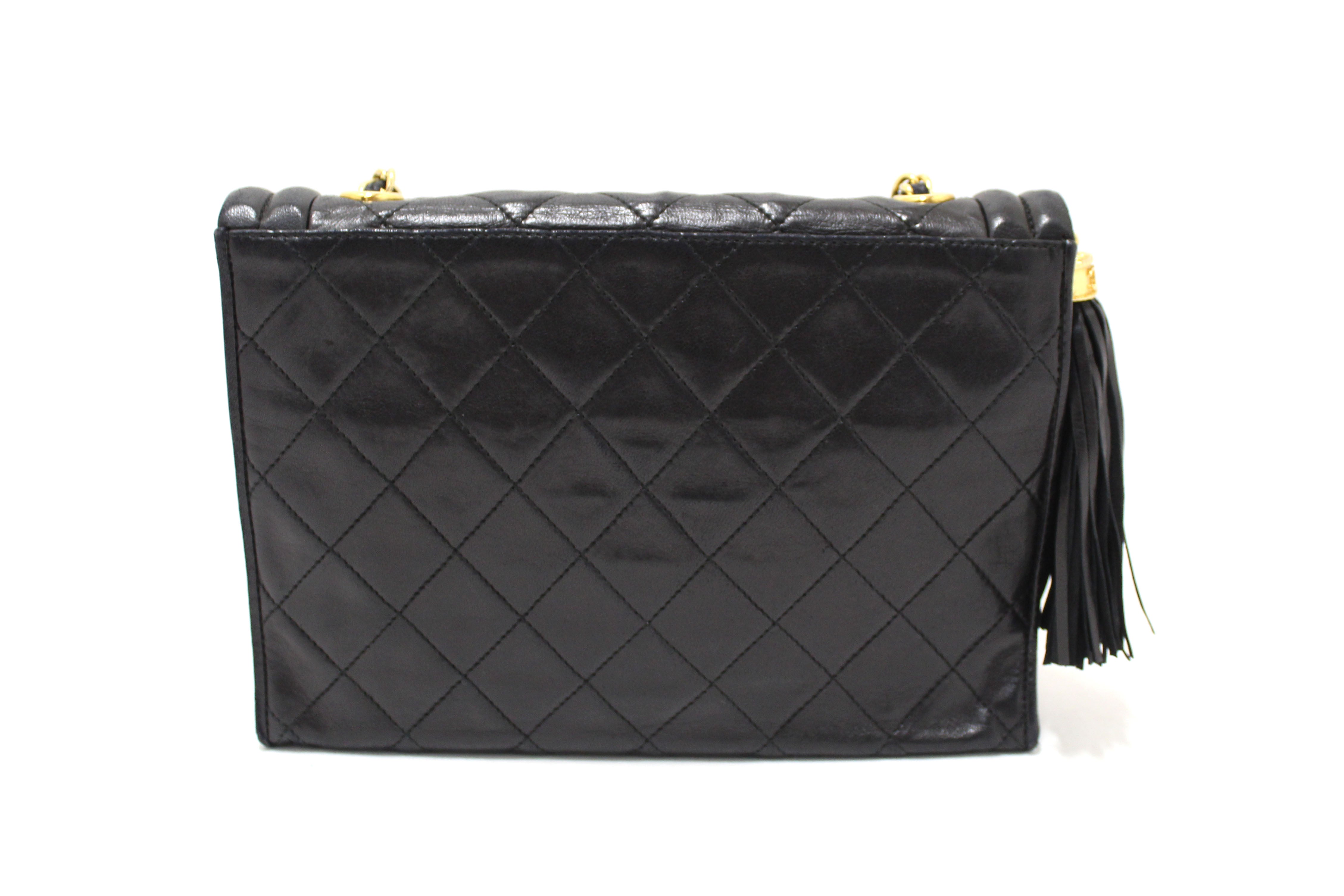 Authentic Chanel Vintage Black Quilted Lambskin Leather Tassel Flap Shoulder Bag