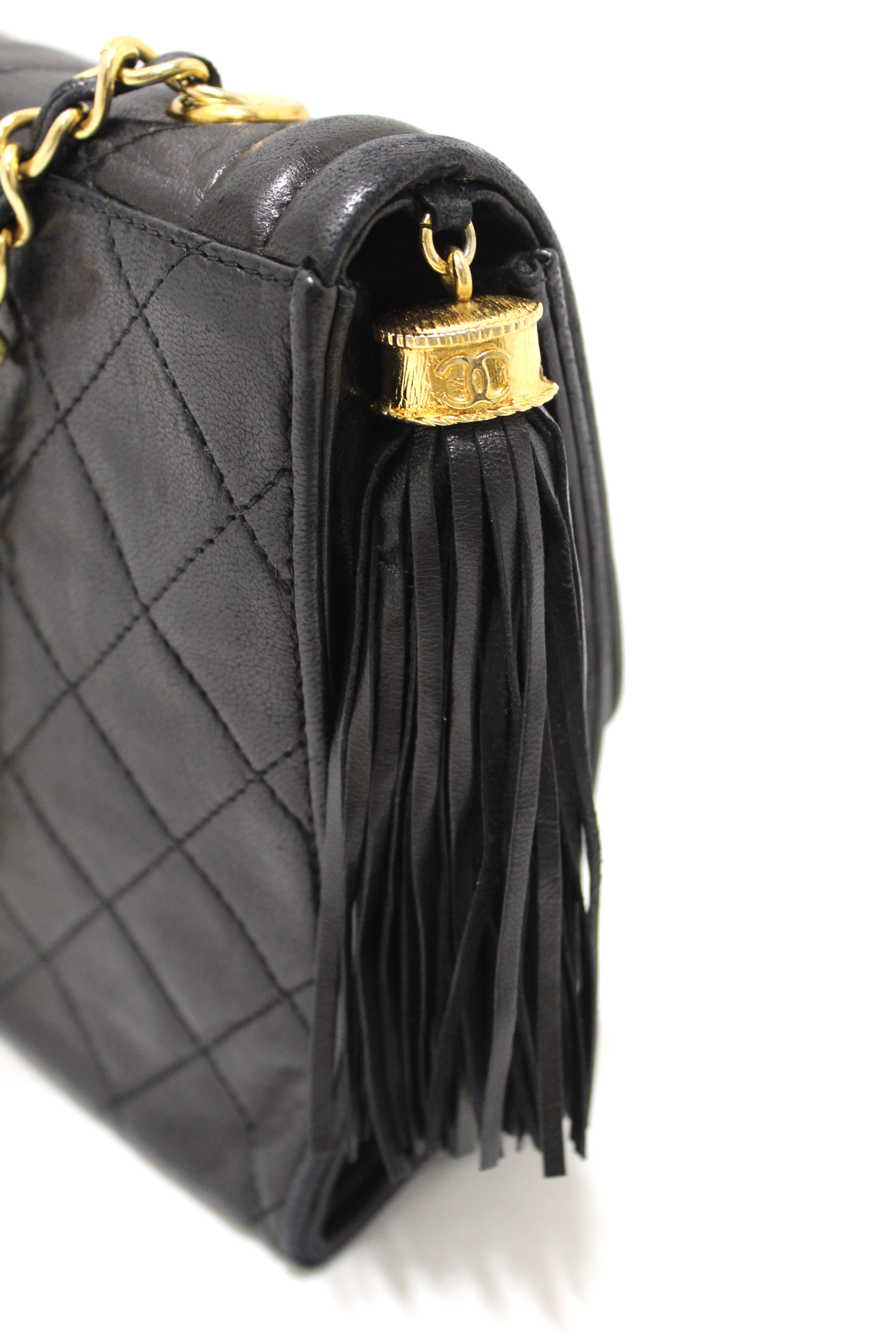 Authentic Chanel Vintage Black Quilted Lambskin Leather Tassel Flap Shoulder Bag