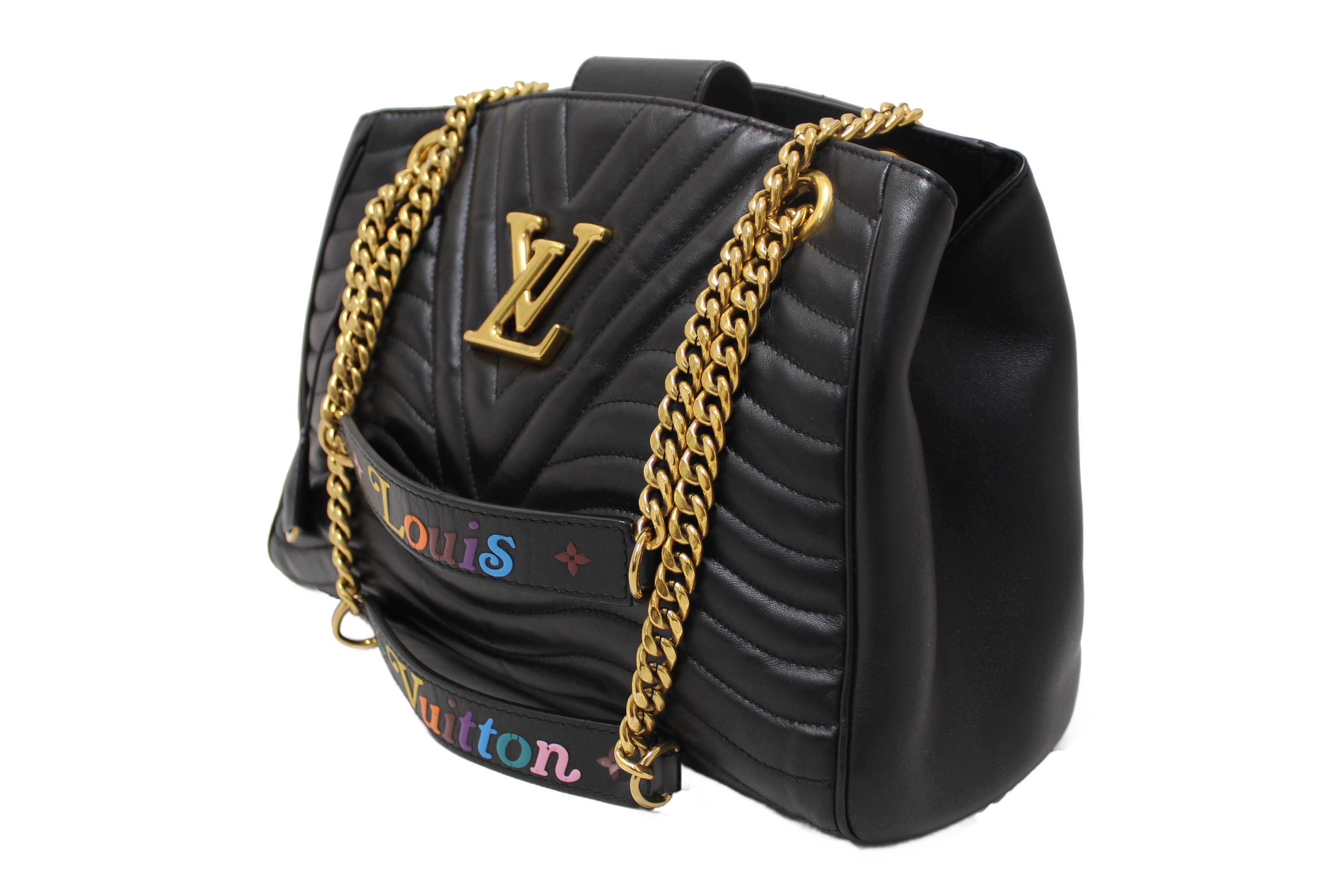 Authentic Louis Vuitton Black Leather New Wave Chain Tote Shoulder Bag