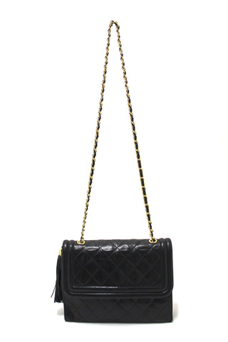 Authentic Chanel Vintage Black Quilted Lambskin Leather Tassel Flap Shoulder Bag