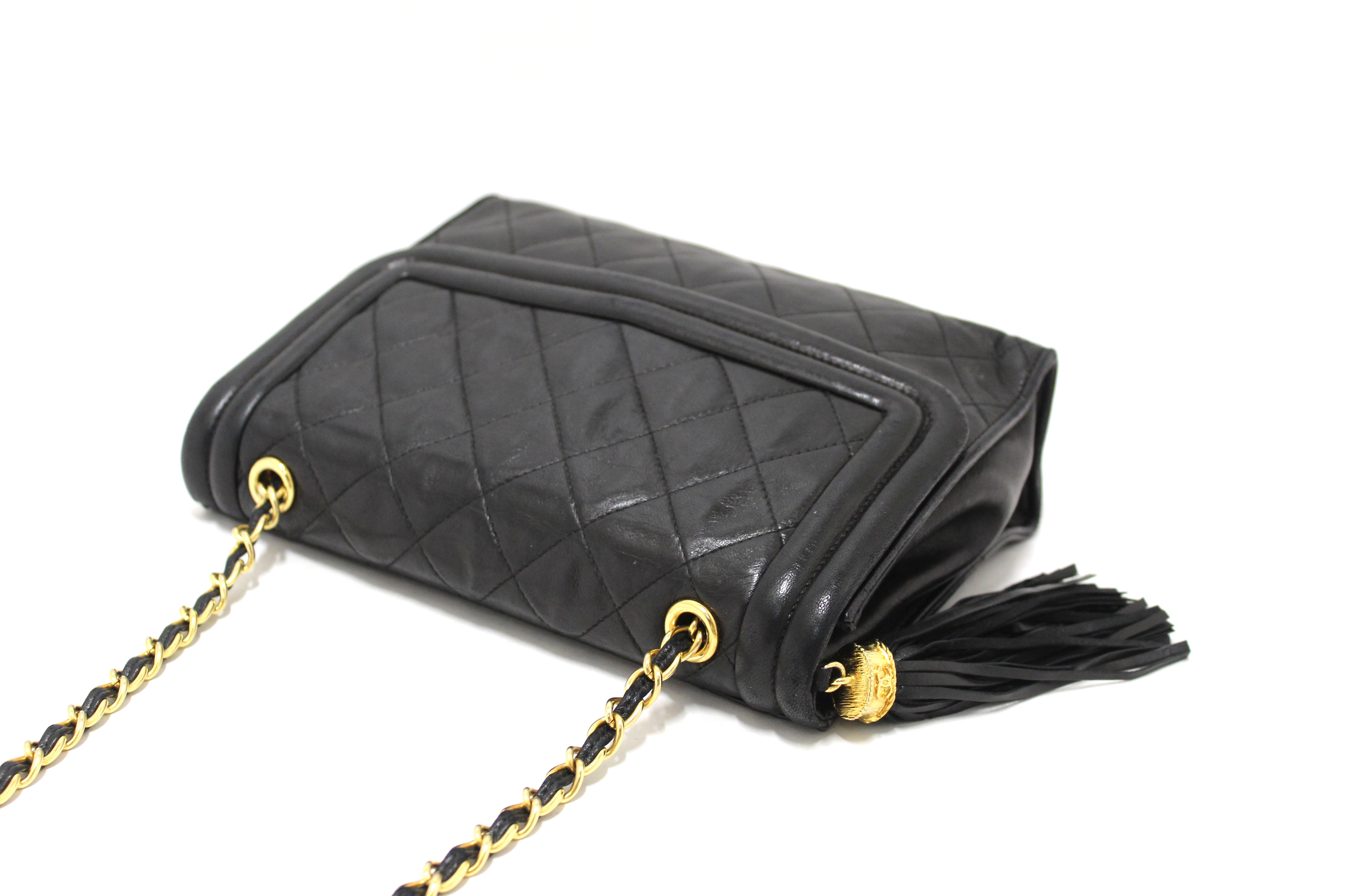 Authentic Chanel Vintage Black Quilted Lambskin Leather Tassel Flap Shoulder Bag