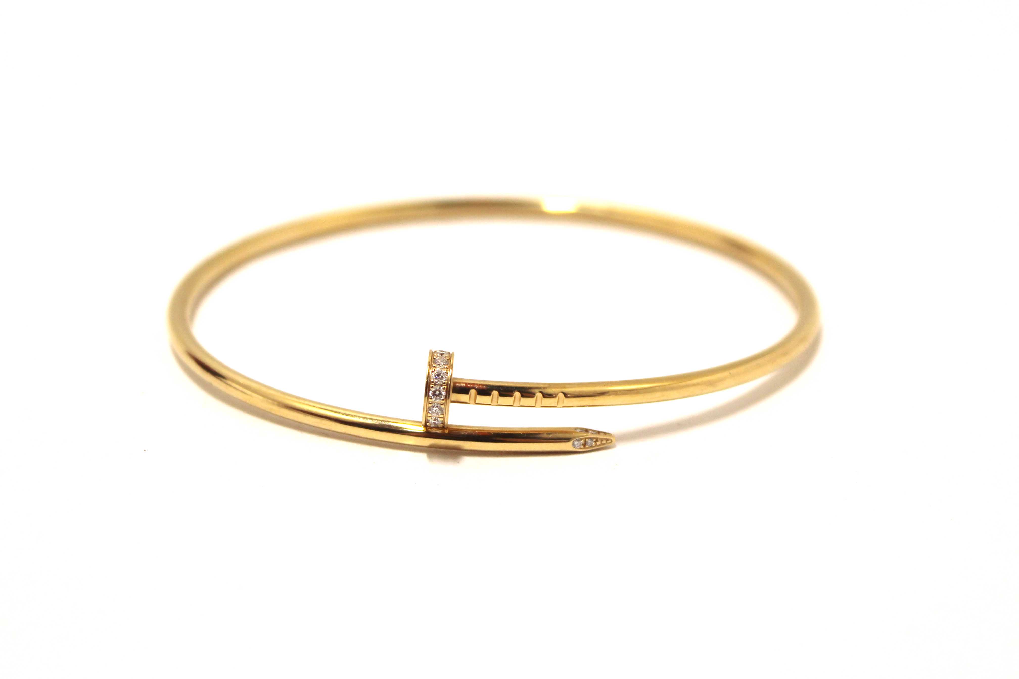 Authentic Cartier 18K Yellow Gold with Diamonds Small Juste Un Clou Bracelet Size 19