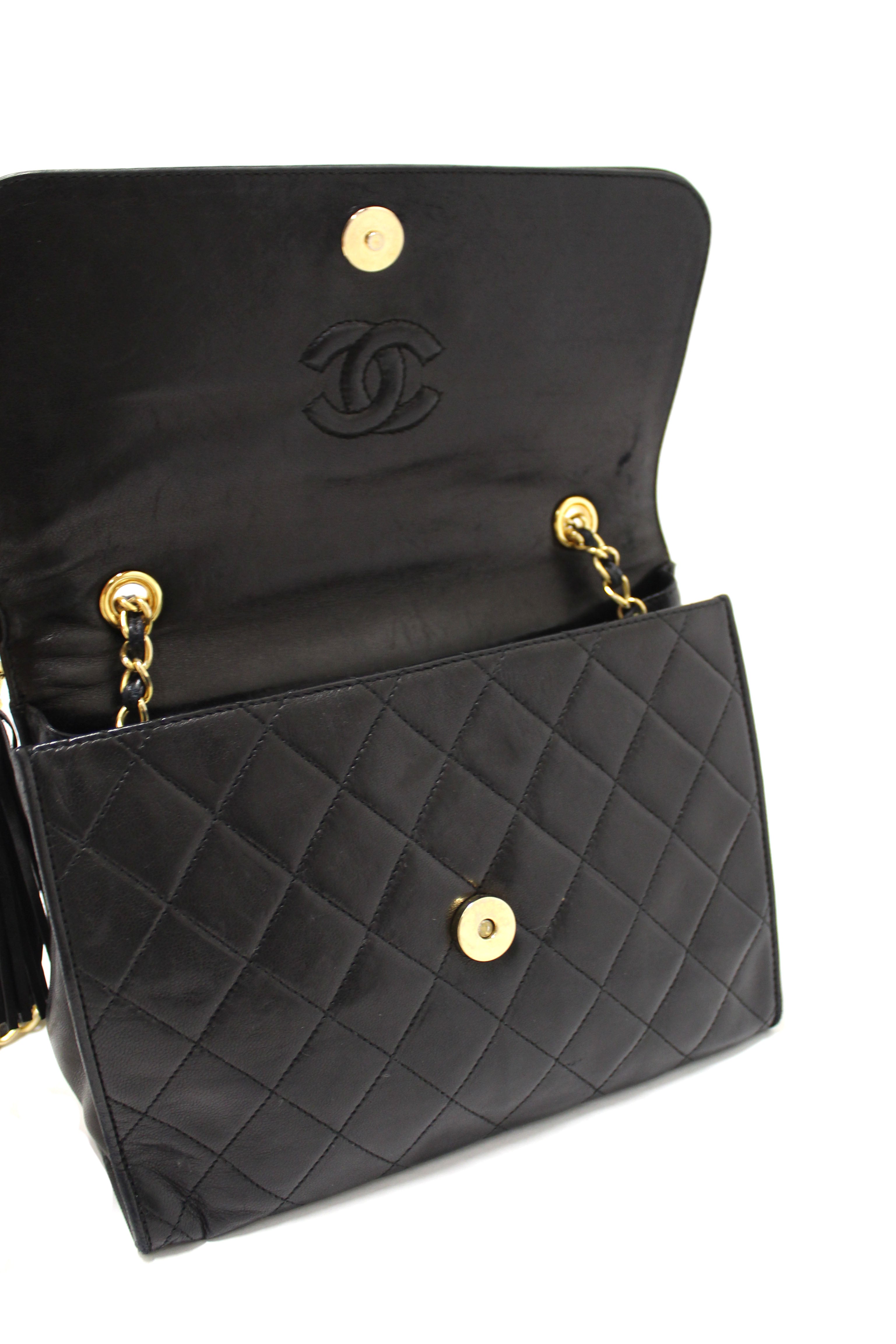 Authentic Chanel Vintage Black Quilted Lambskin Leather Tassel Flap Shoulder Bag