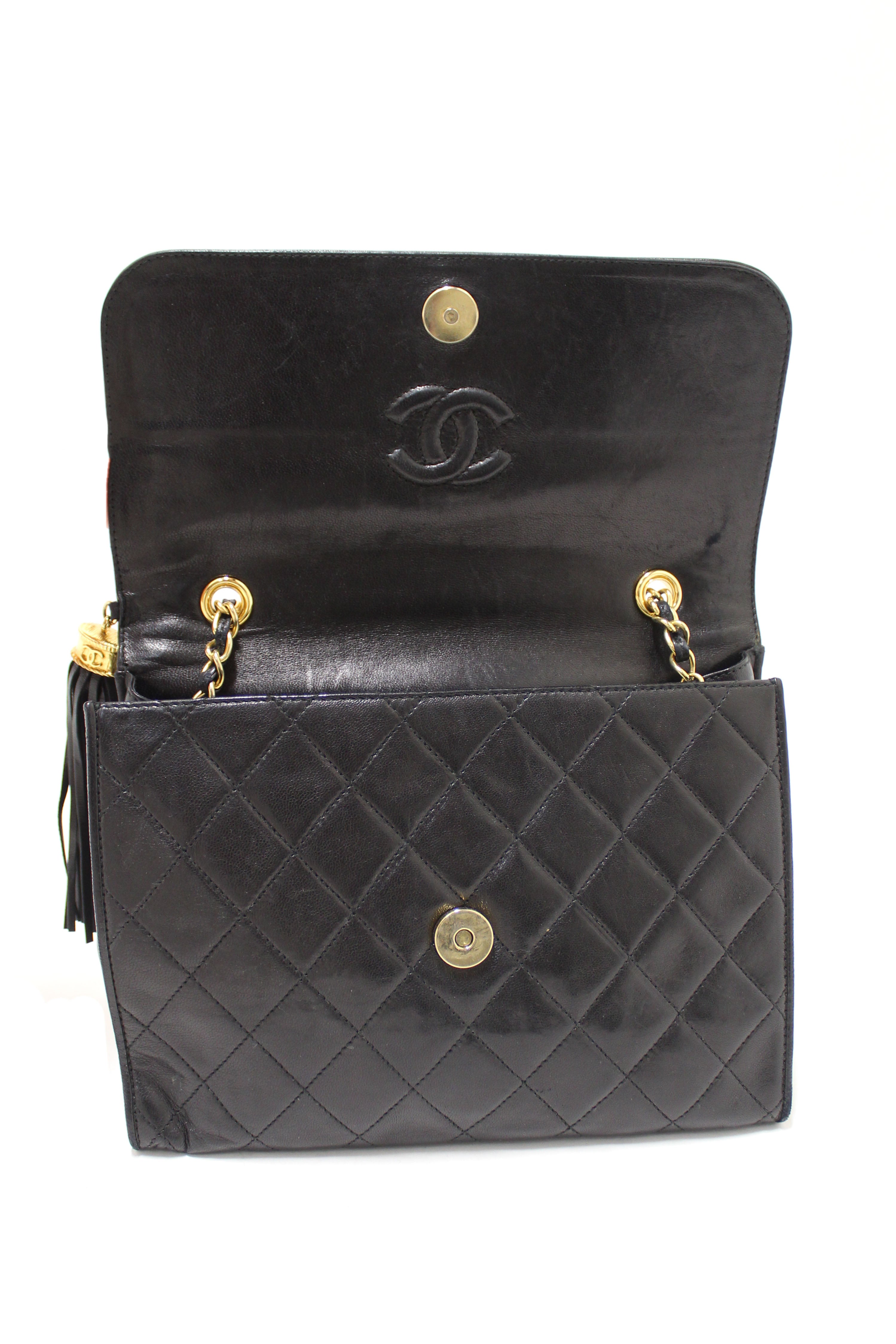 Authentic Chanel Vintage Black Quilted Lambskin Leather Tassel Flap Shoulder Bag