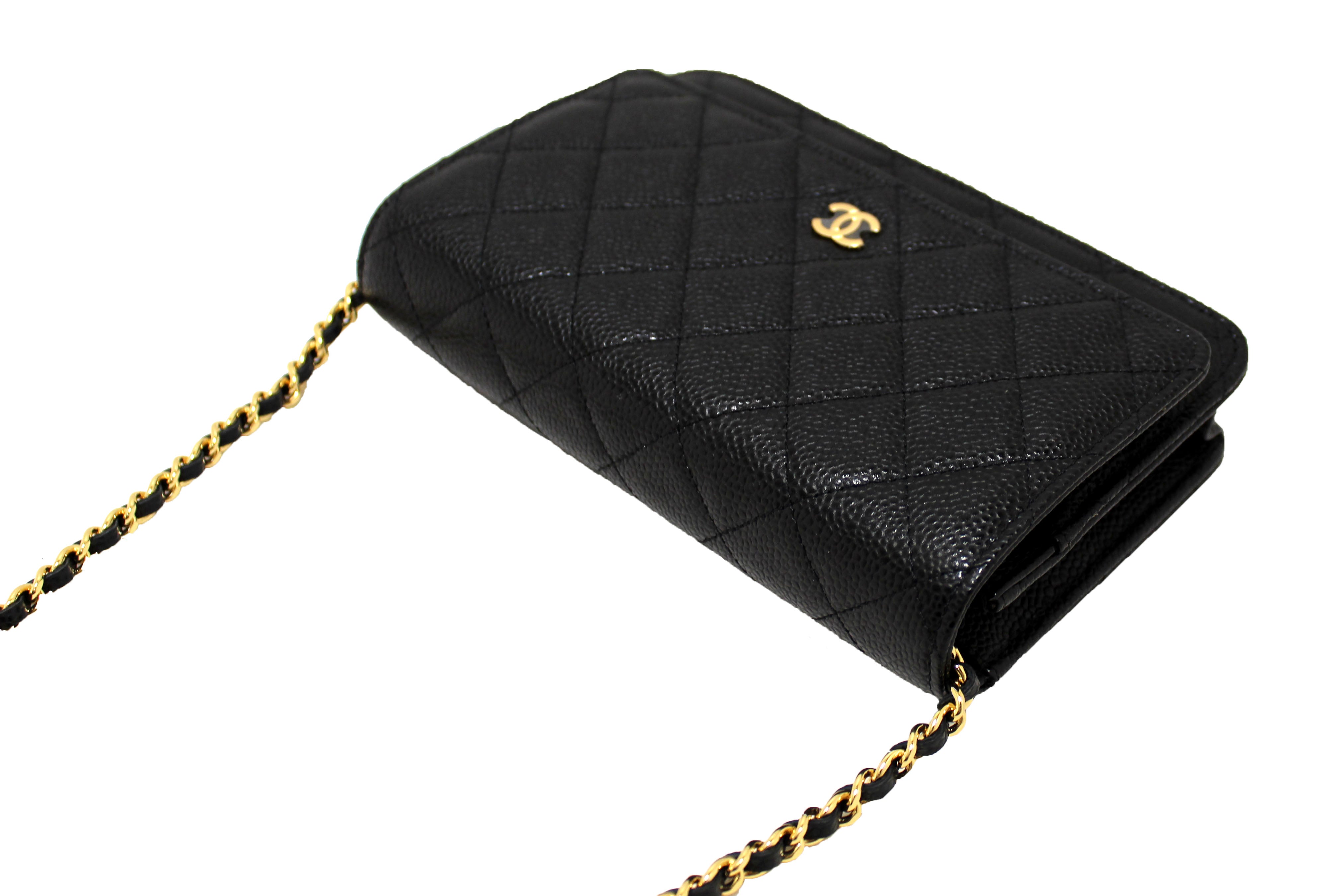 Authentic NEW Chanel Black Quilted Caviar Leather Wallet On Chain WOC Messenger Bag