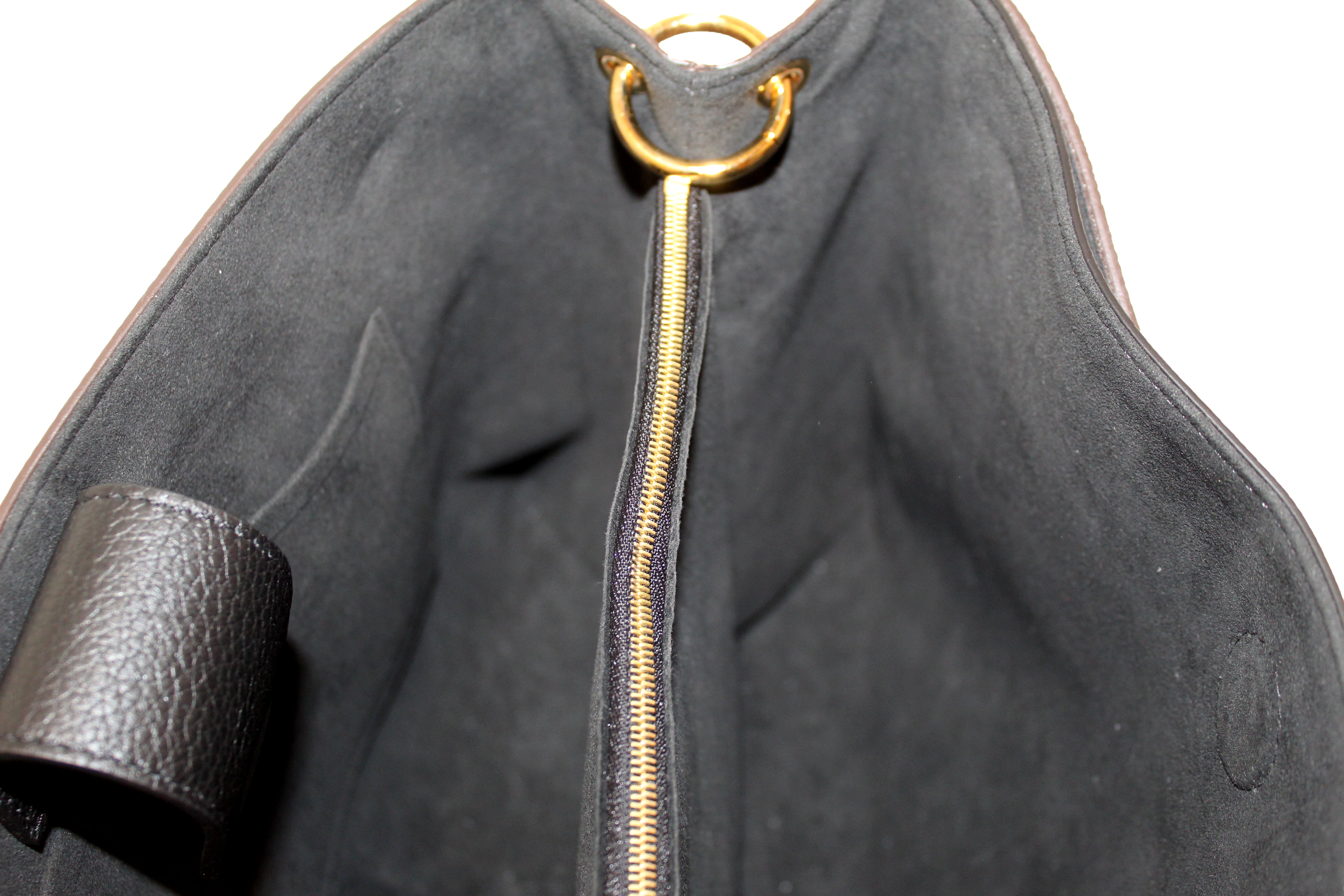 Authentic Louis Vuitton Damier Ebene Canvas With Black Leather Riverside Bag