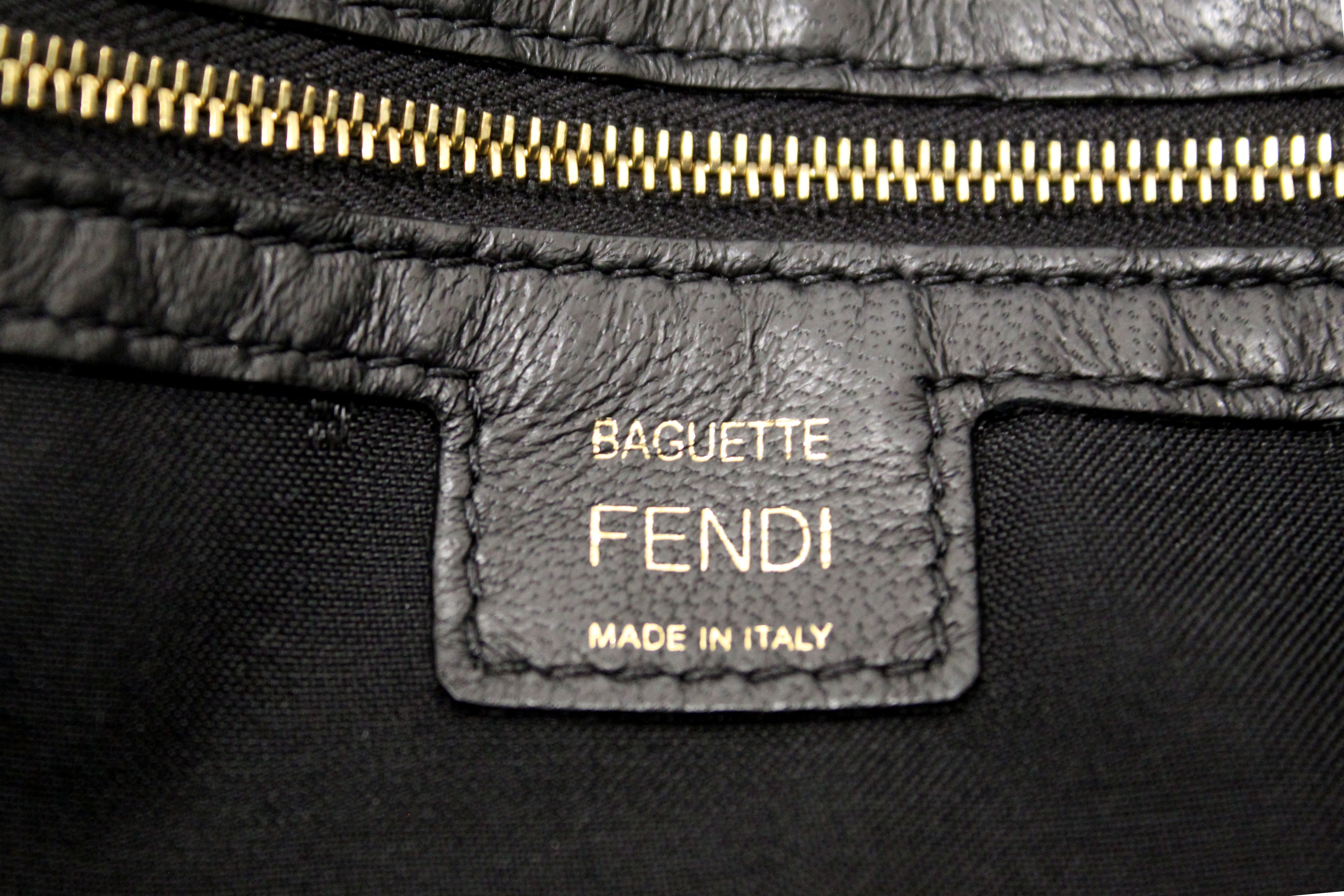 Authentic Fendi Black Nappa Leather FF 1974 Embossed Baguette Bag