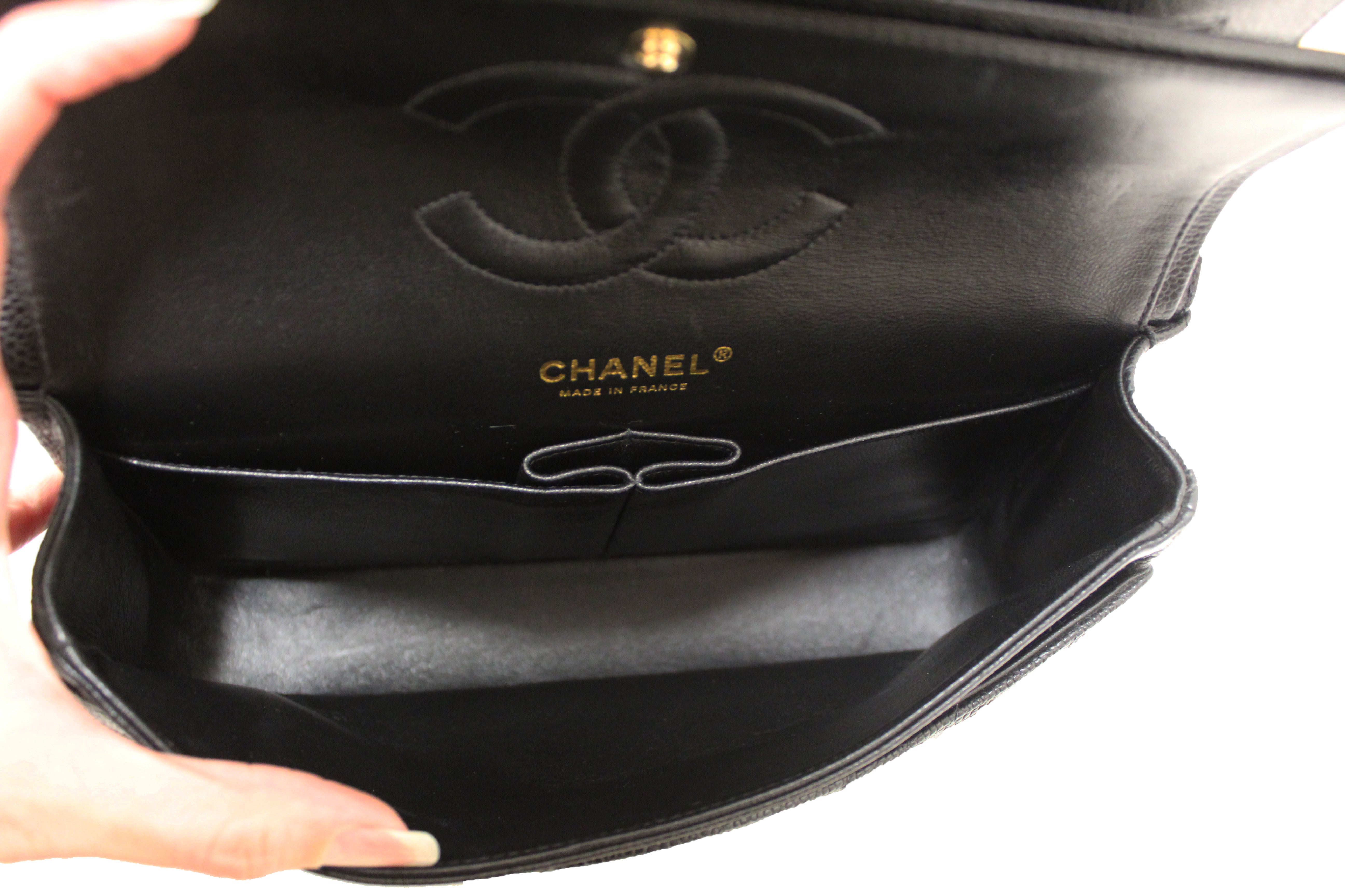 Authentic Chanel Classic Black Quilted Caviar Leather Classic Medium Double Flap Bag