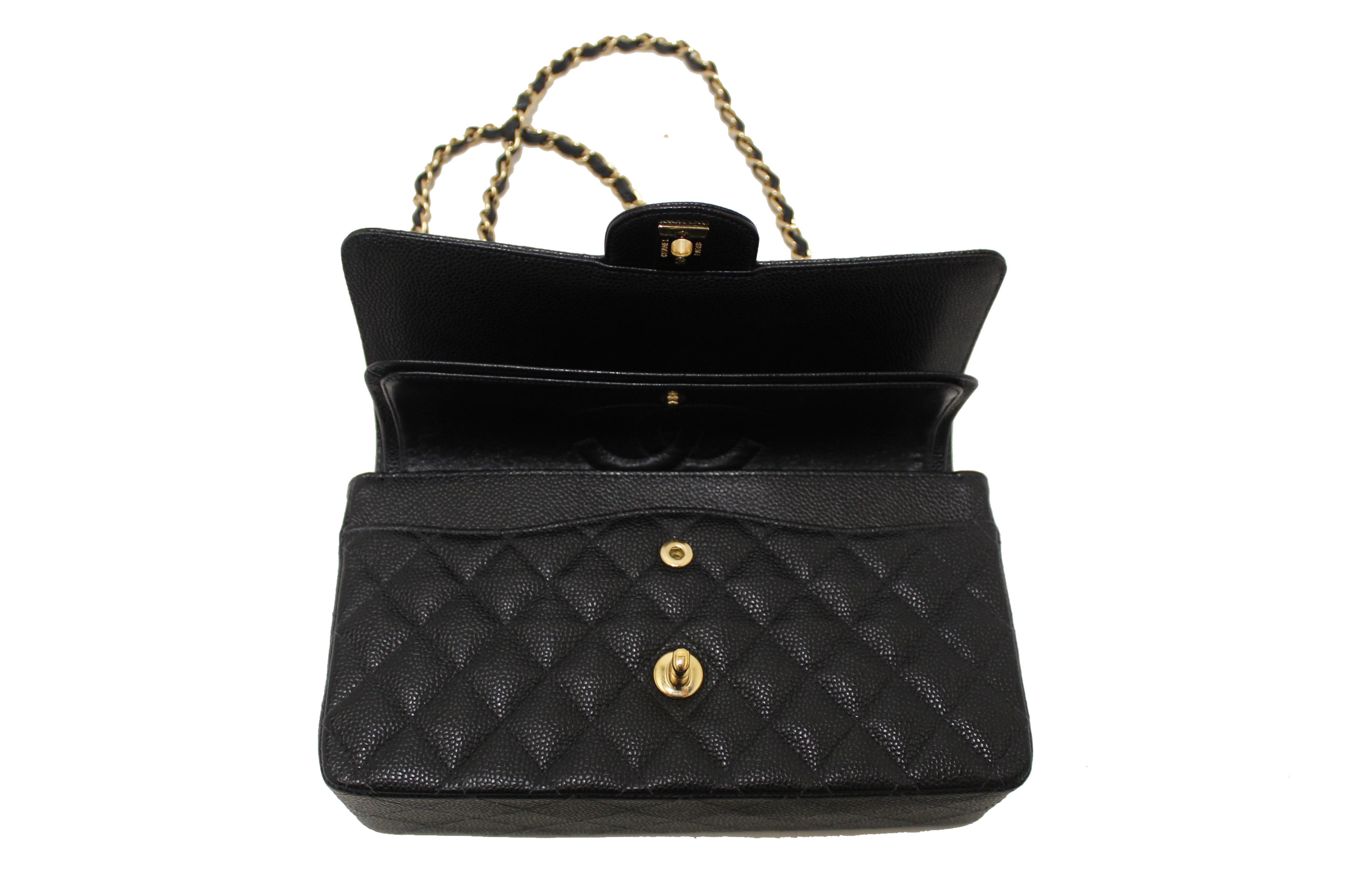 Authentic Chanel Classic Black Quilted Caviar Leather Classic Medium Double Flap Bag