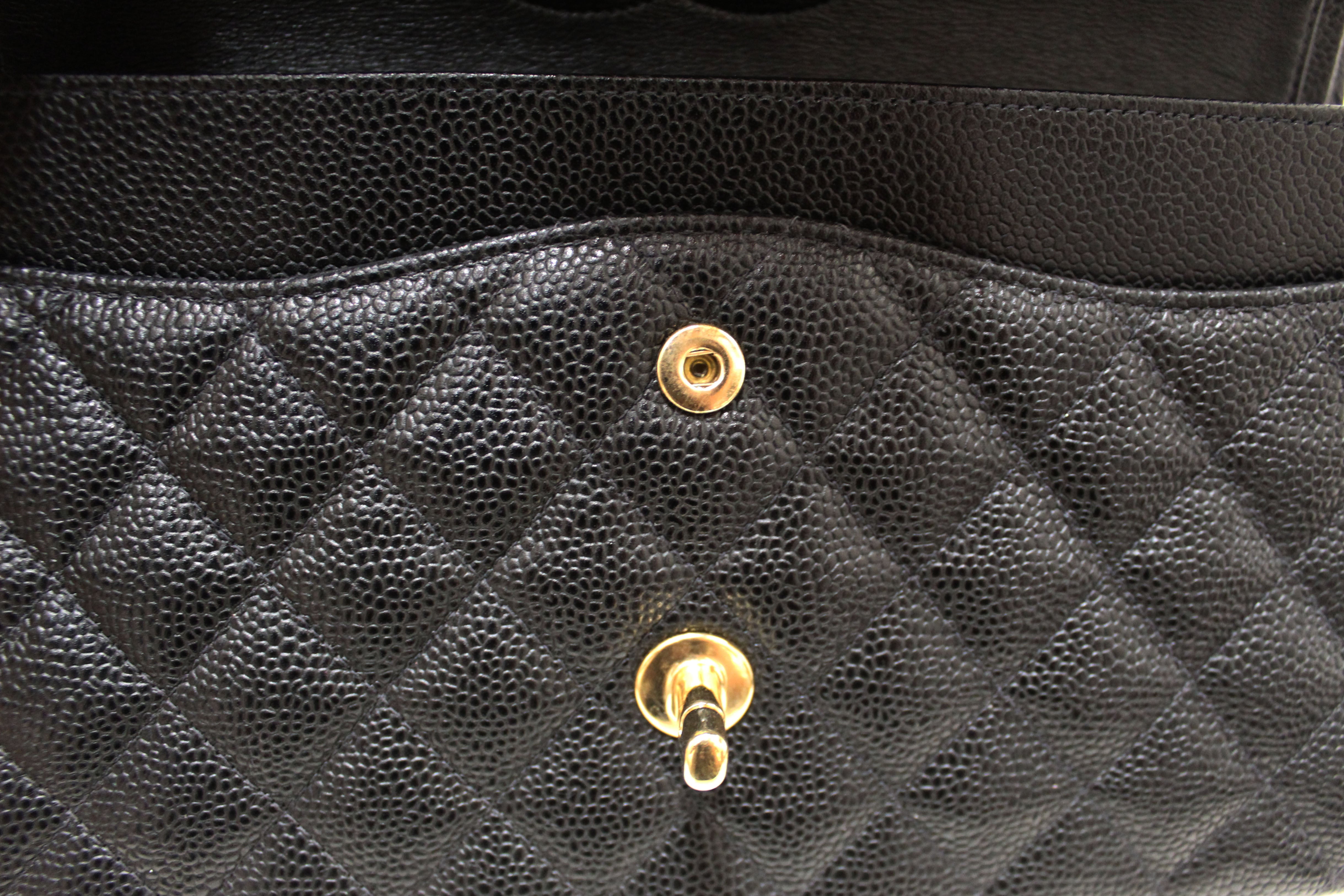 Authentic Chanel Classic Black Quilted Caviar Leather Classic Medium Double Flap Bag