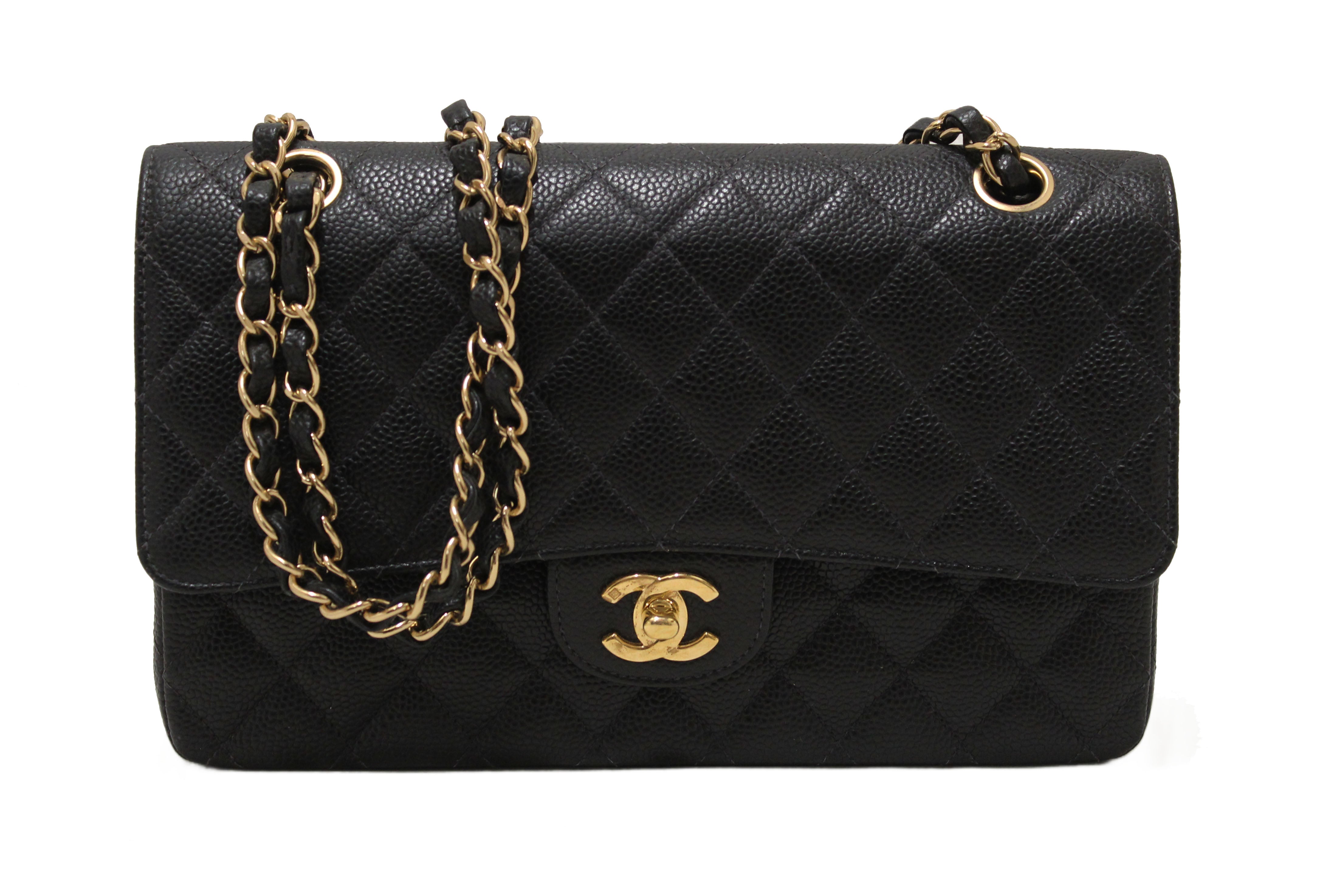 Authentic Chanel Classic Black Quilted Caviar Leather Classic Medium Double Flap Bag