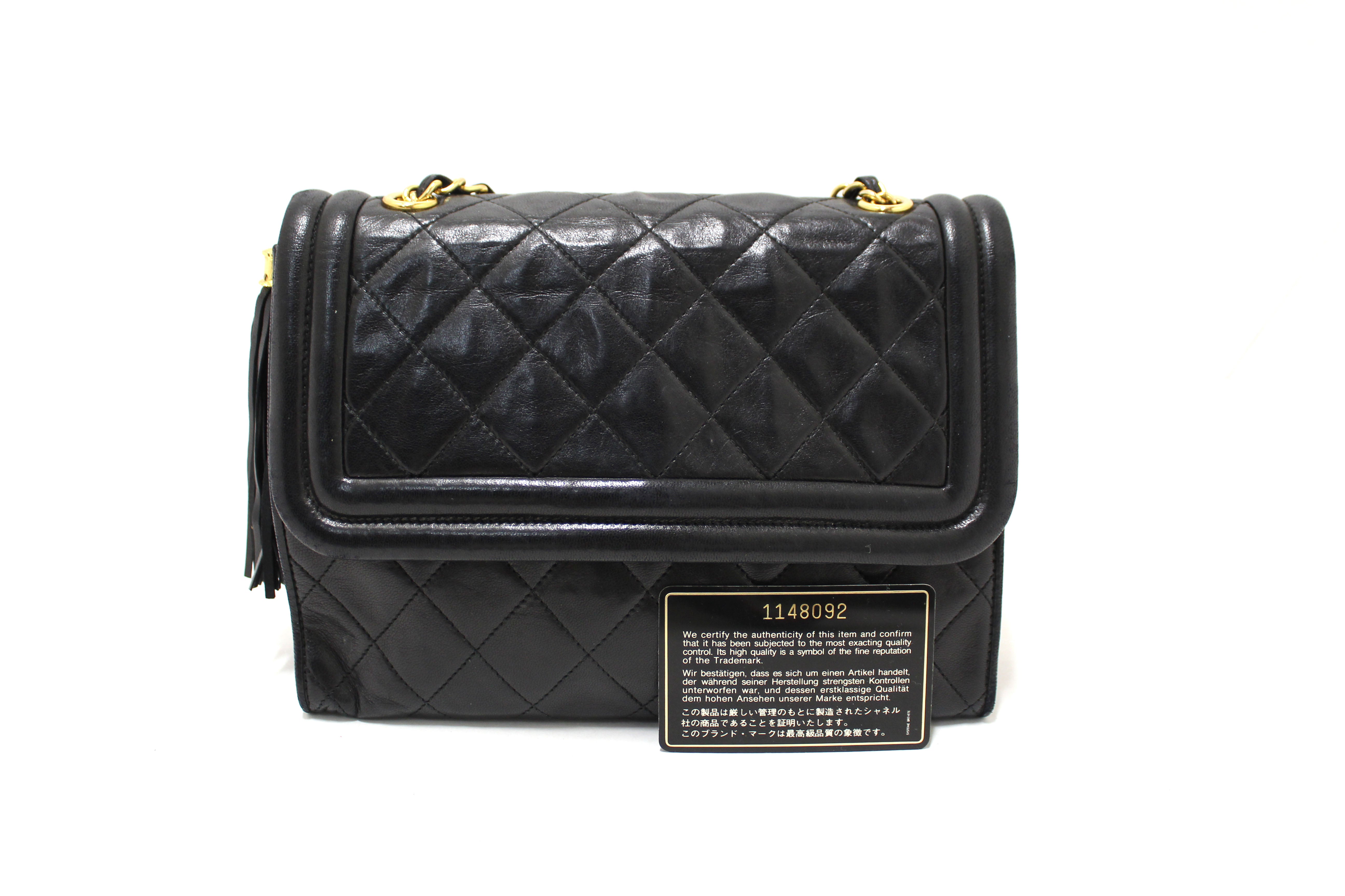 Authentic Chanel Vintage Black Quilted Lambskin Leather Tassel Flap Shoulder Bag