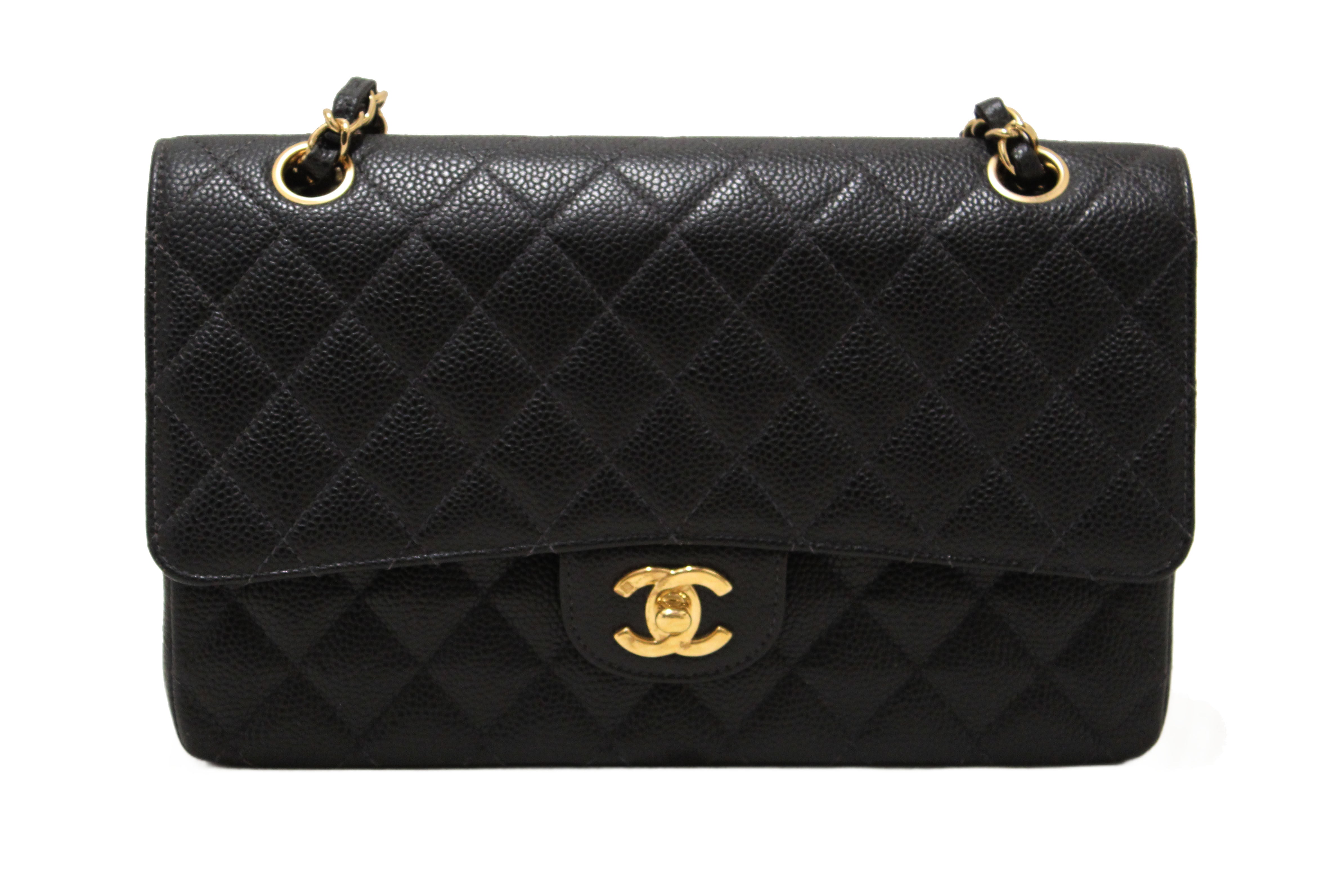 Authentic Chanel Classic Black Quilted Caviar Leather Classic Medium Double Flap Bag