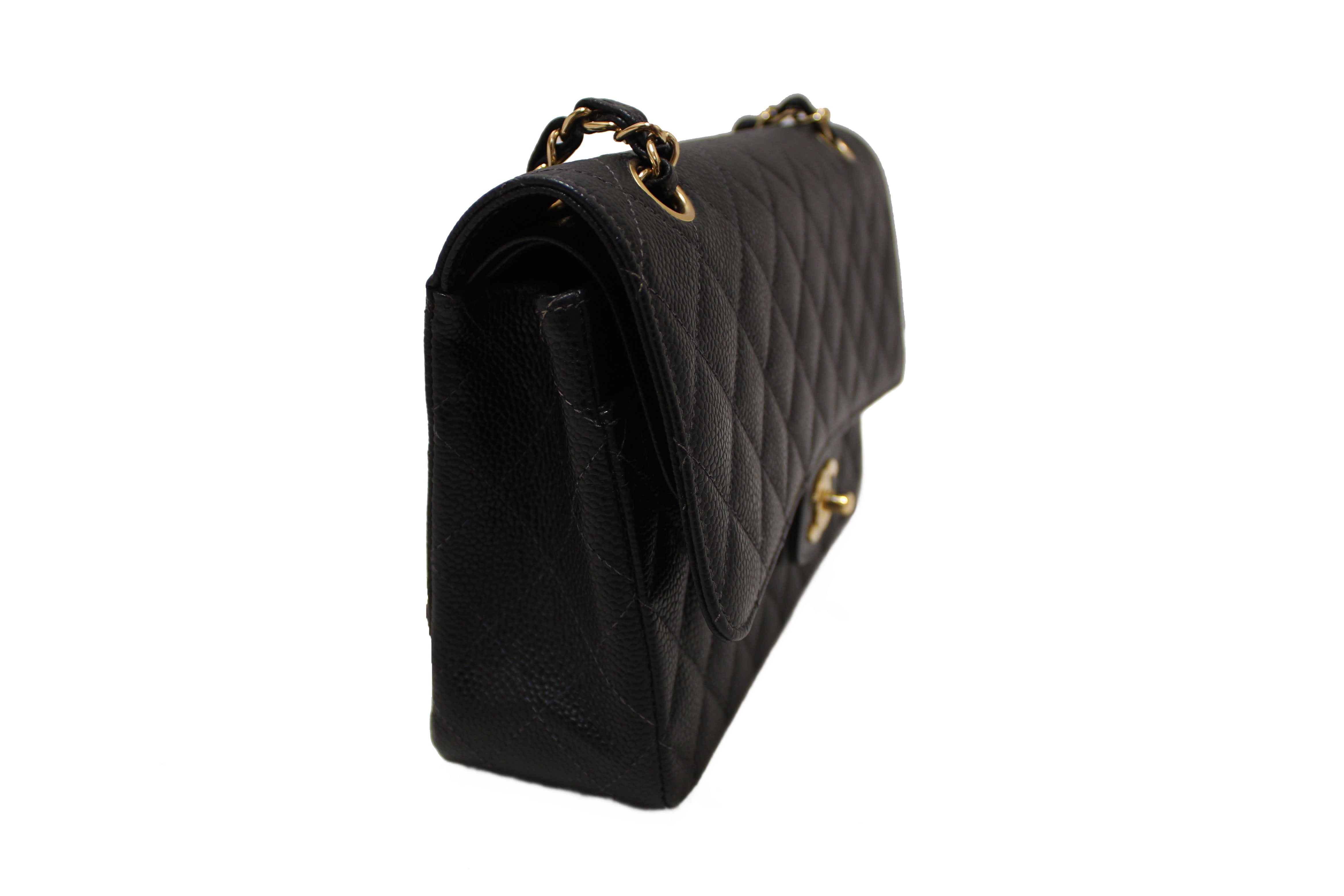 Authentic Chanel Classic Black Quilted Caviar Leather Classic Medium Double Flap Bag