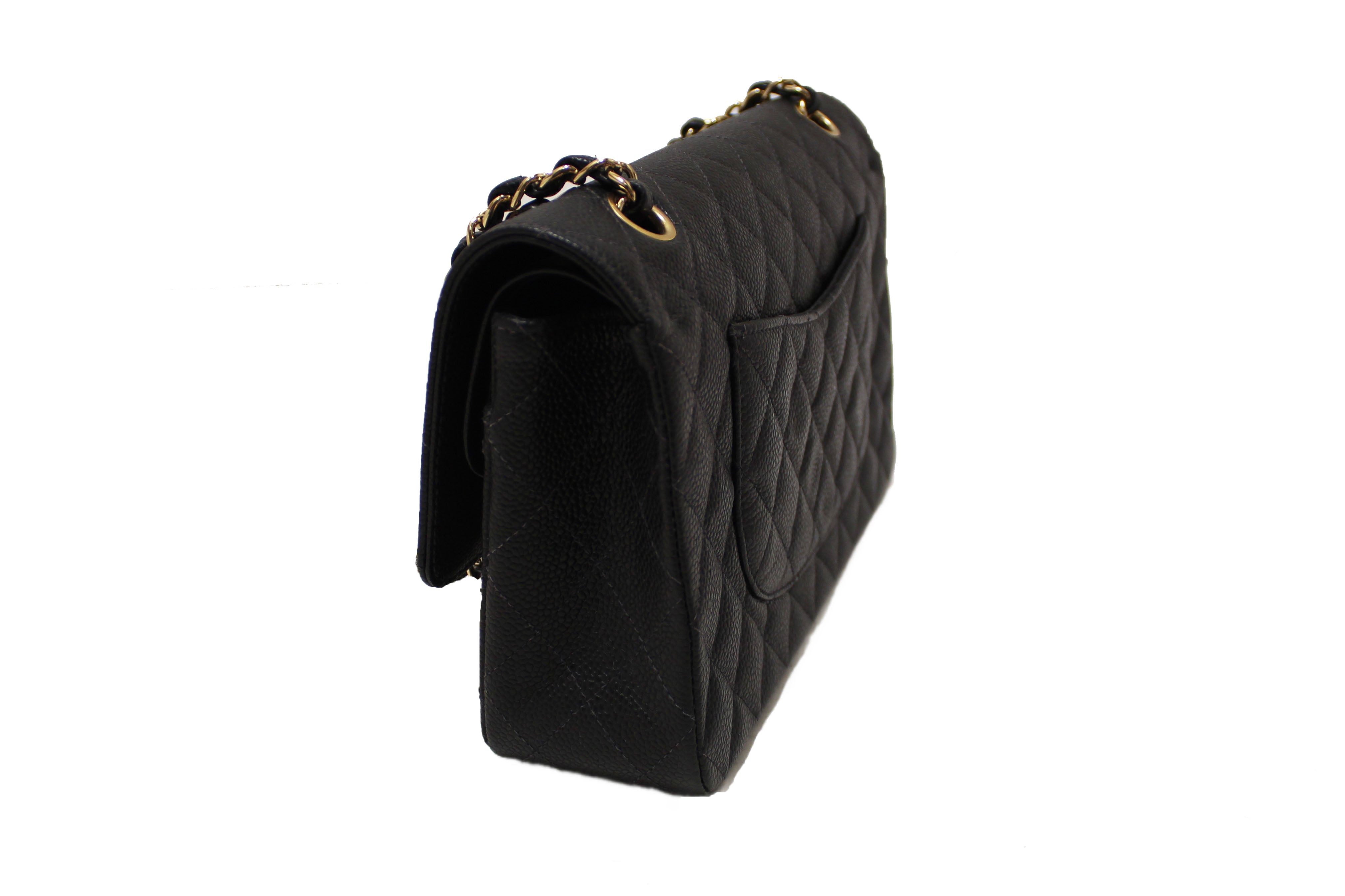 Authentic Chanel Classic Black Quilted Caviar Leather Classic Medium Double Flap Bag