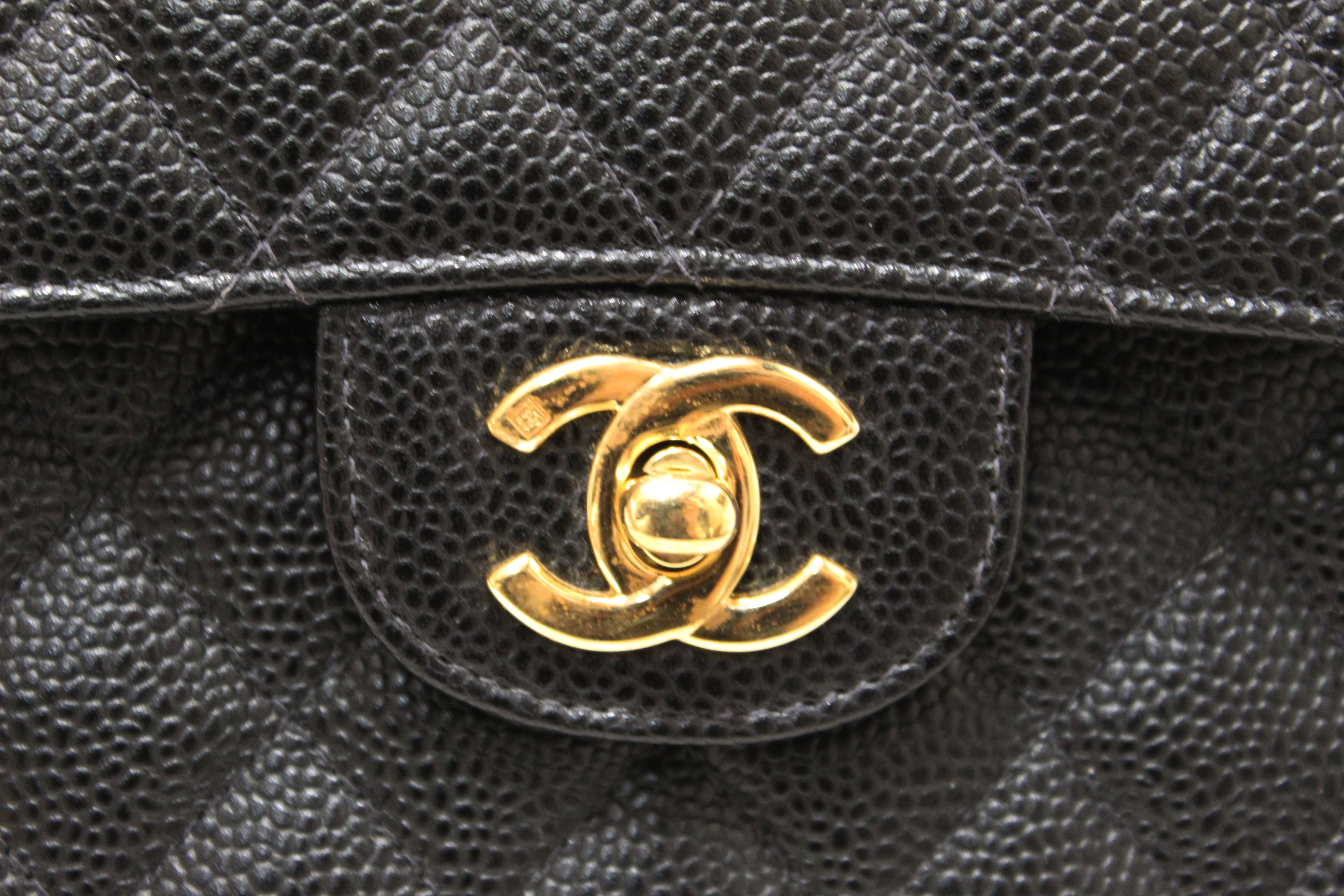 Authentic Chanel Classic Black Quilted Caviar Leather Classic Medium Double Flap Bag