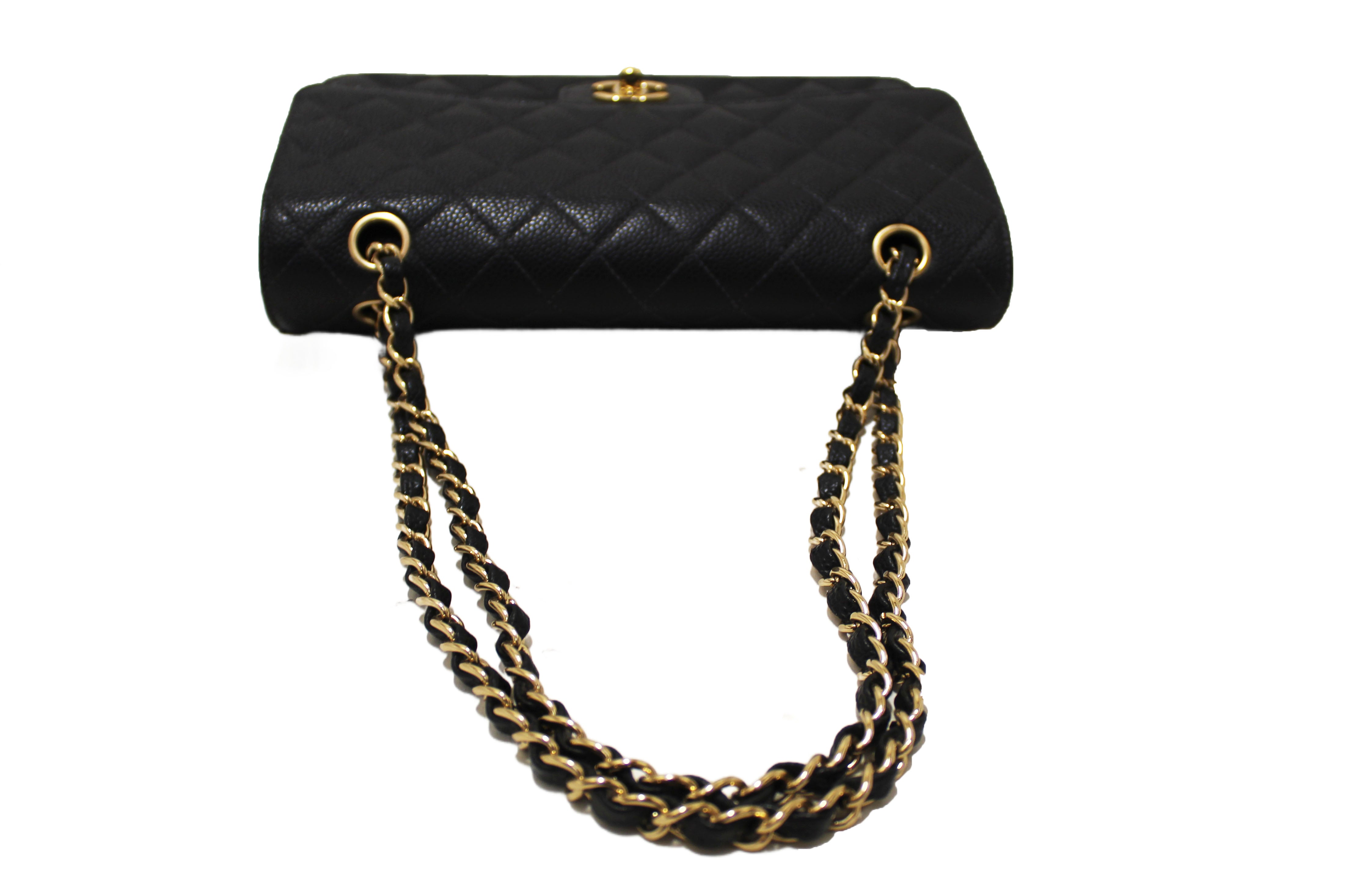 Authentic Chanel Classic Black Quilted Caviar Leather Classic Medium Double Flap Bag