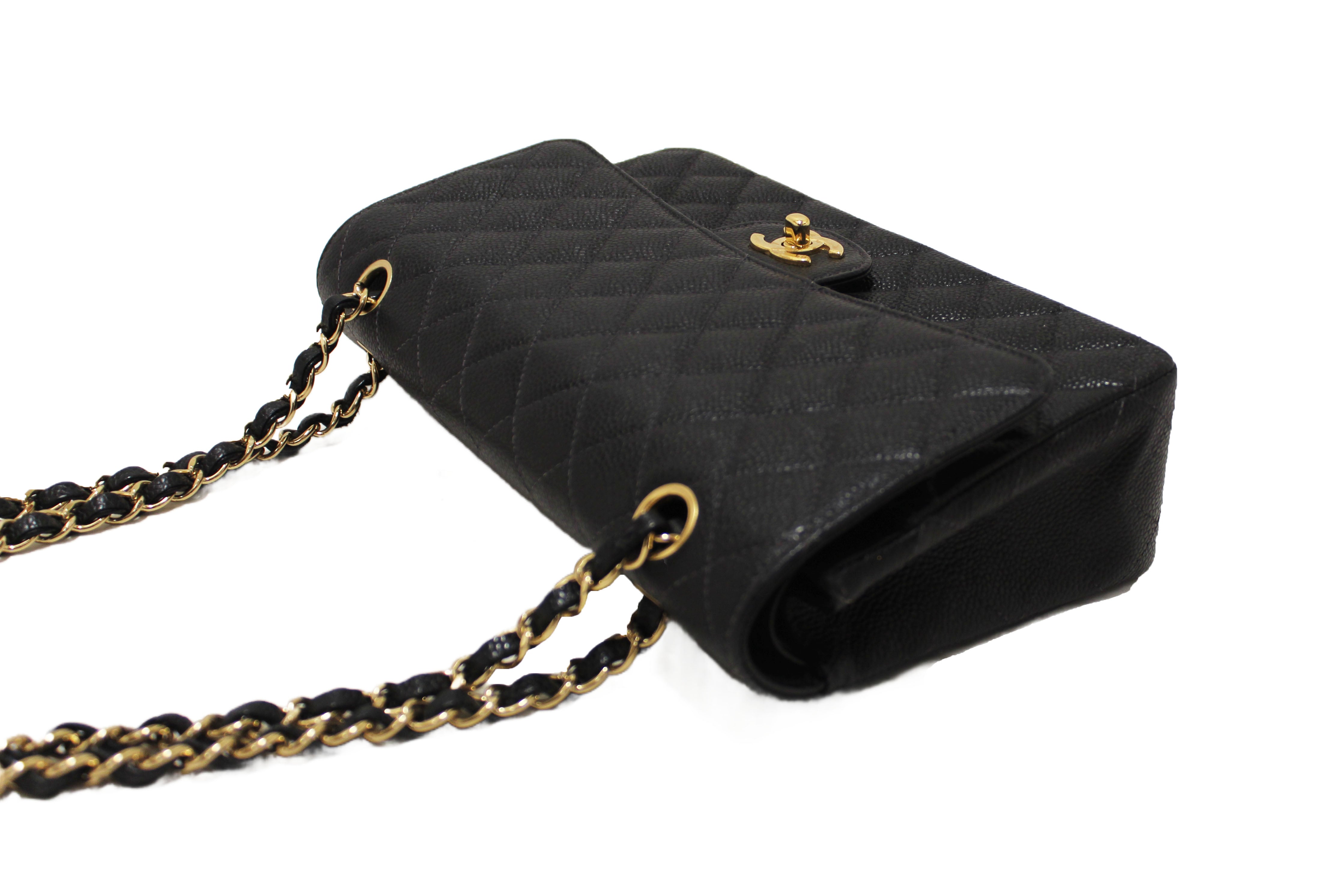Authentic Chanel Classic Black Quilted Caviar Leather Classic Medium Double Flap Bag