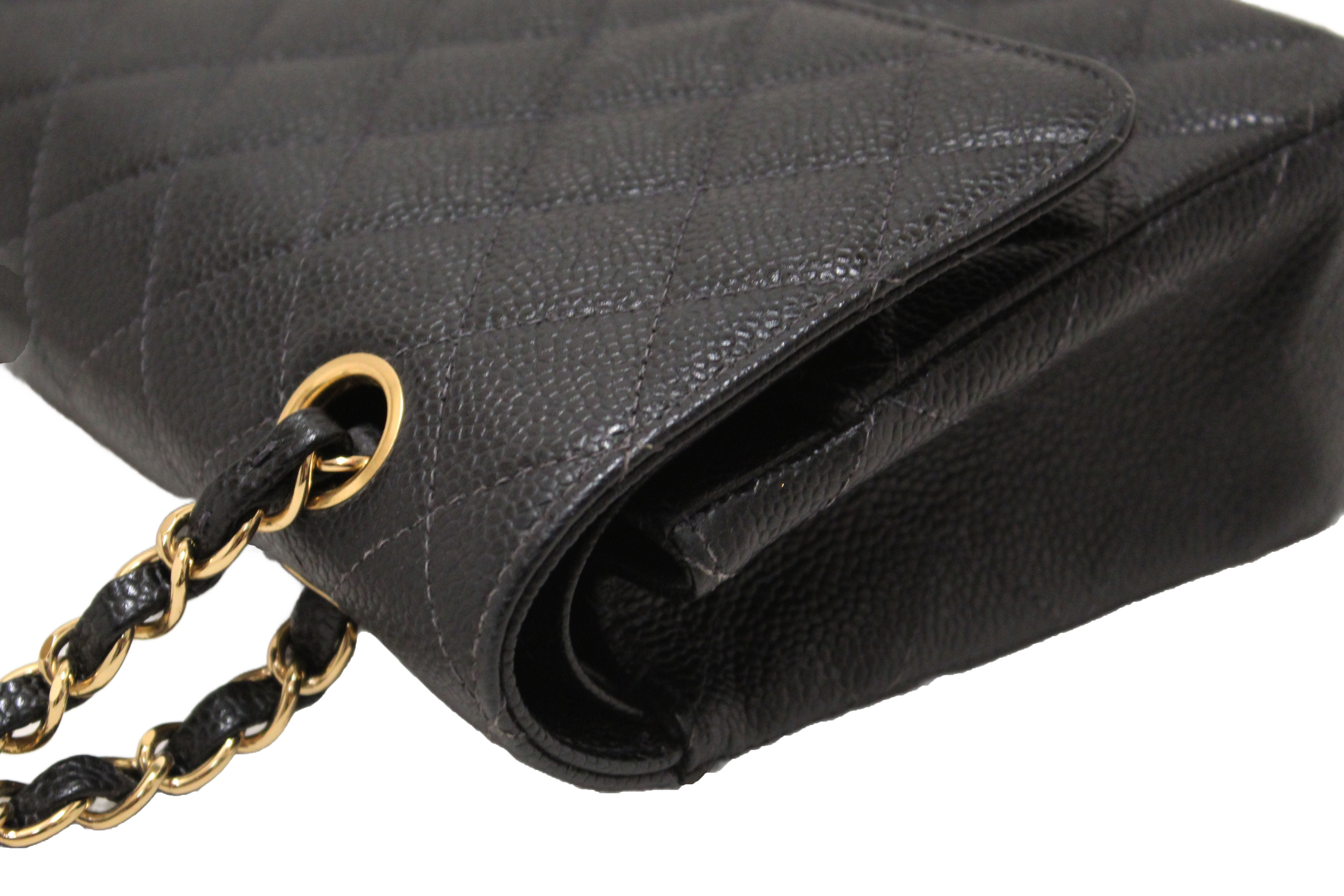 Authentic Chanel Classic Black Quilted Caviar Leather Classic Medium Double Flap Bag