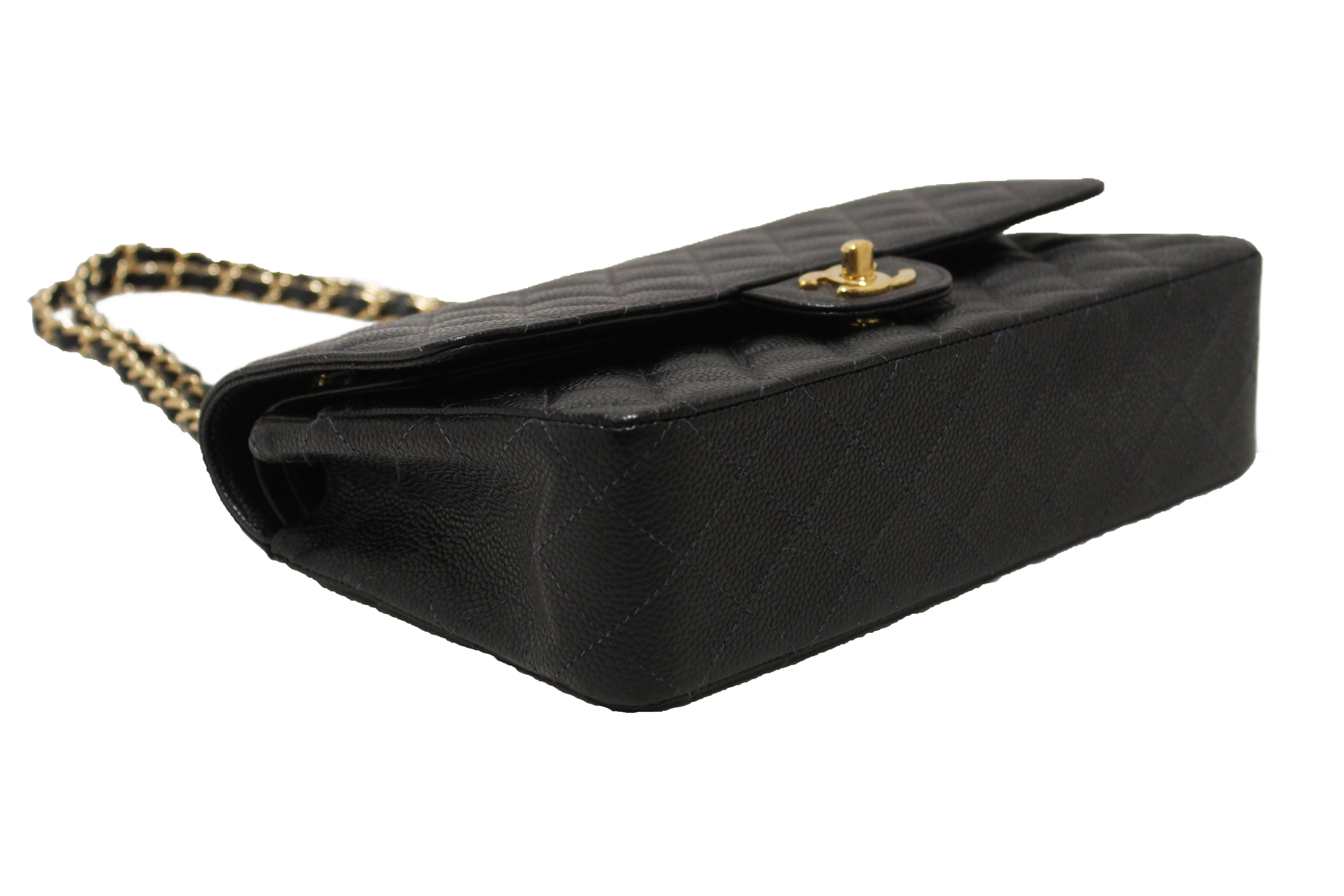 Authentic Chanel Classic Black Quilted Caviar Leather Classic Medium Double Flap Bag