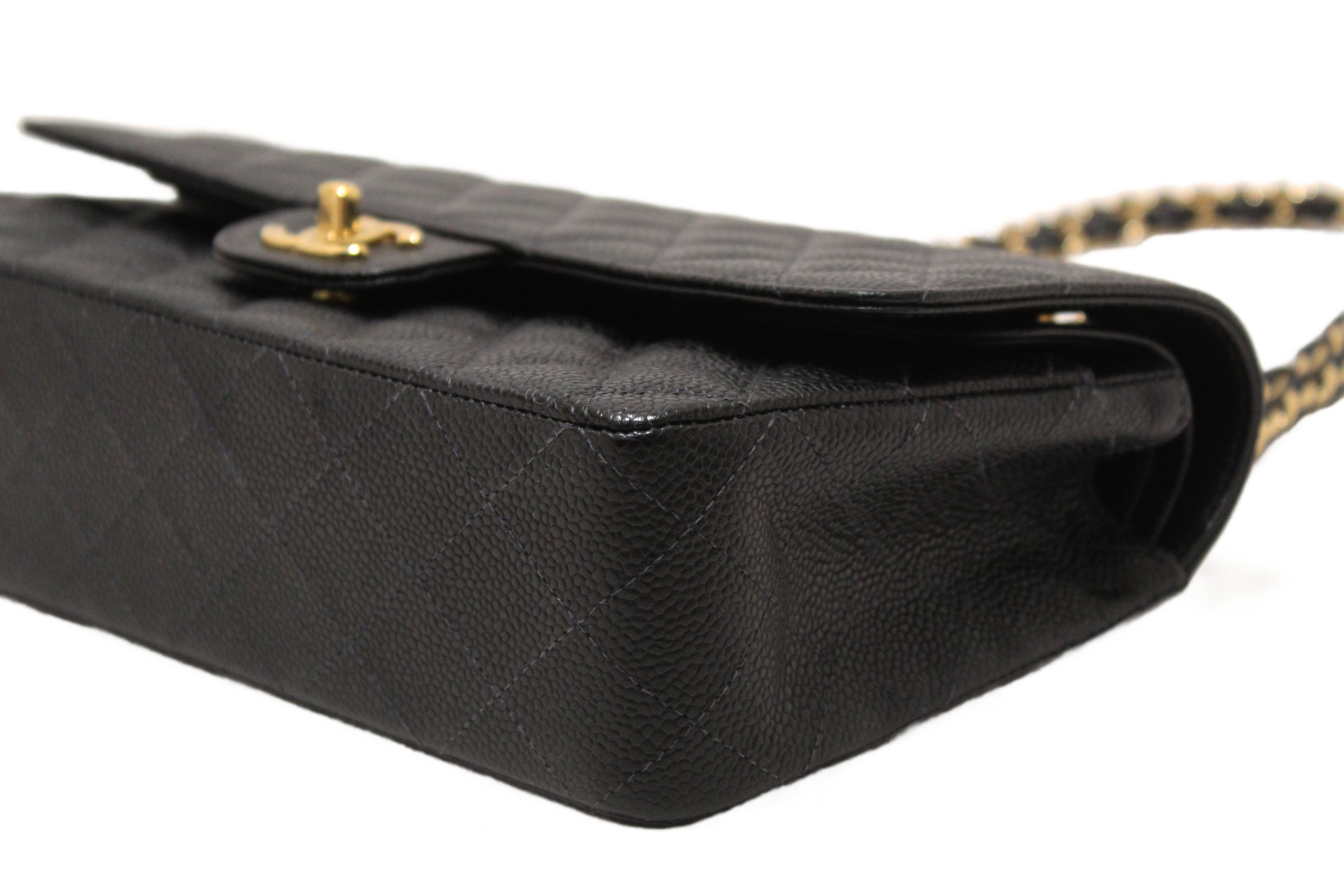 Authentic Chanel Classic Black Quilted Caviar Leather Classic Medium Double Flap Bag