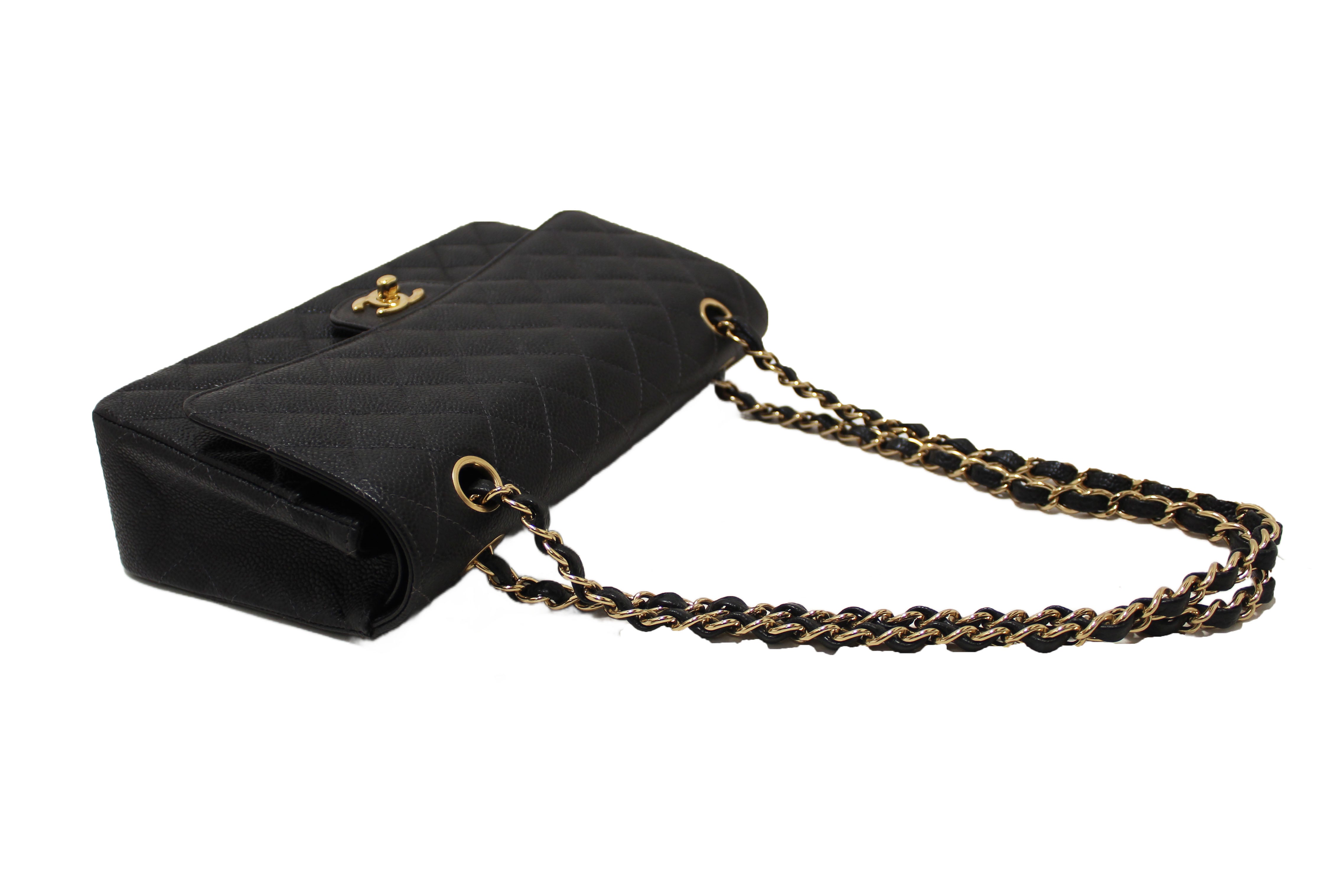 Authentic Chanel Classic Black Quilted Caviar Leather Classic Medium Double Flap Bag