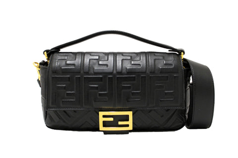 Authentic Fendi Black Nappa Leather FF 1974 Embossed Baguette Bag