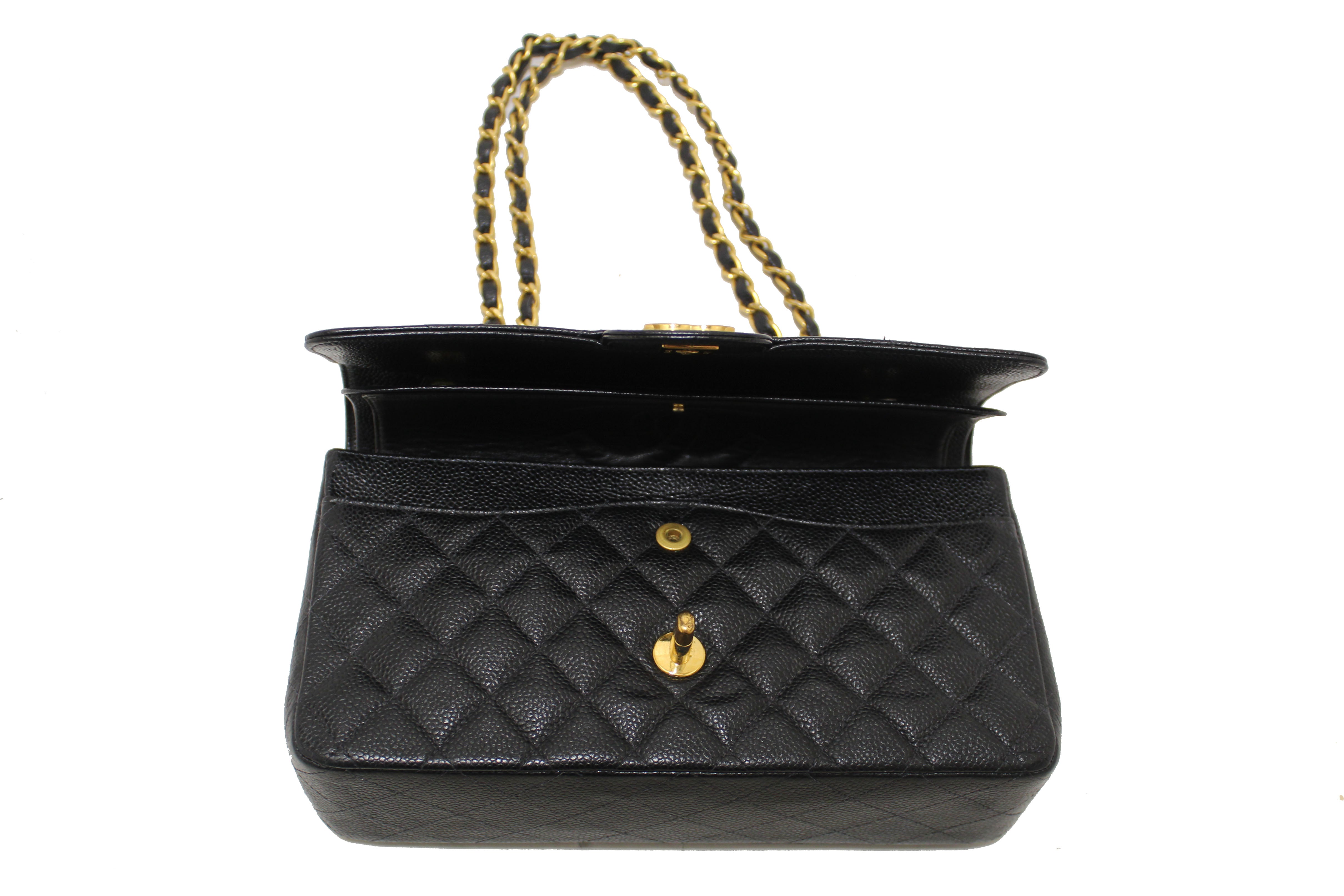 Authentic Chanel Classic Black Quilted Caviar Leather Classic Medium Double Flap Bag