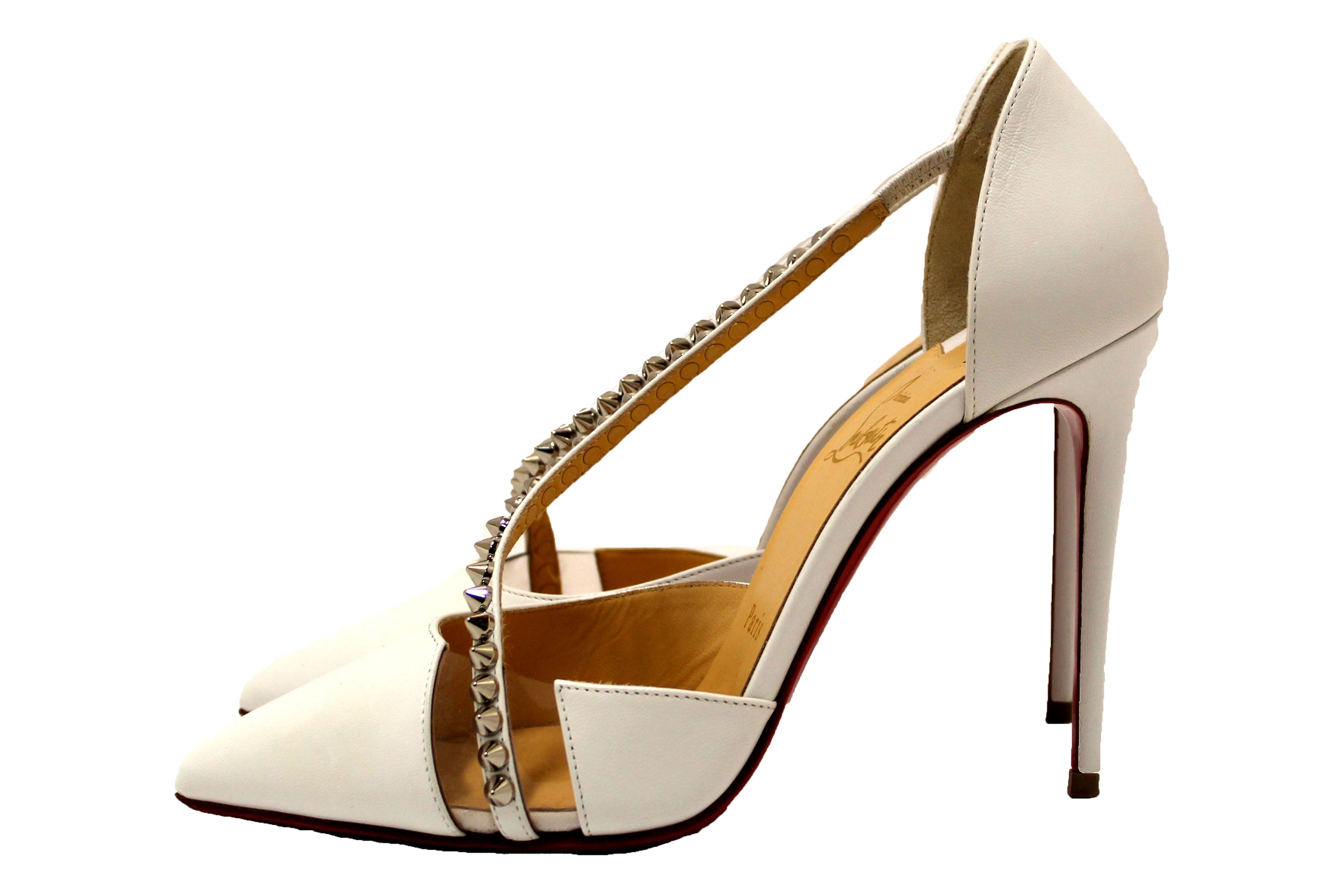 Authentic Christian Louboutin White Leather Spike Cross 100 Pump Size 37