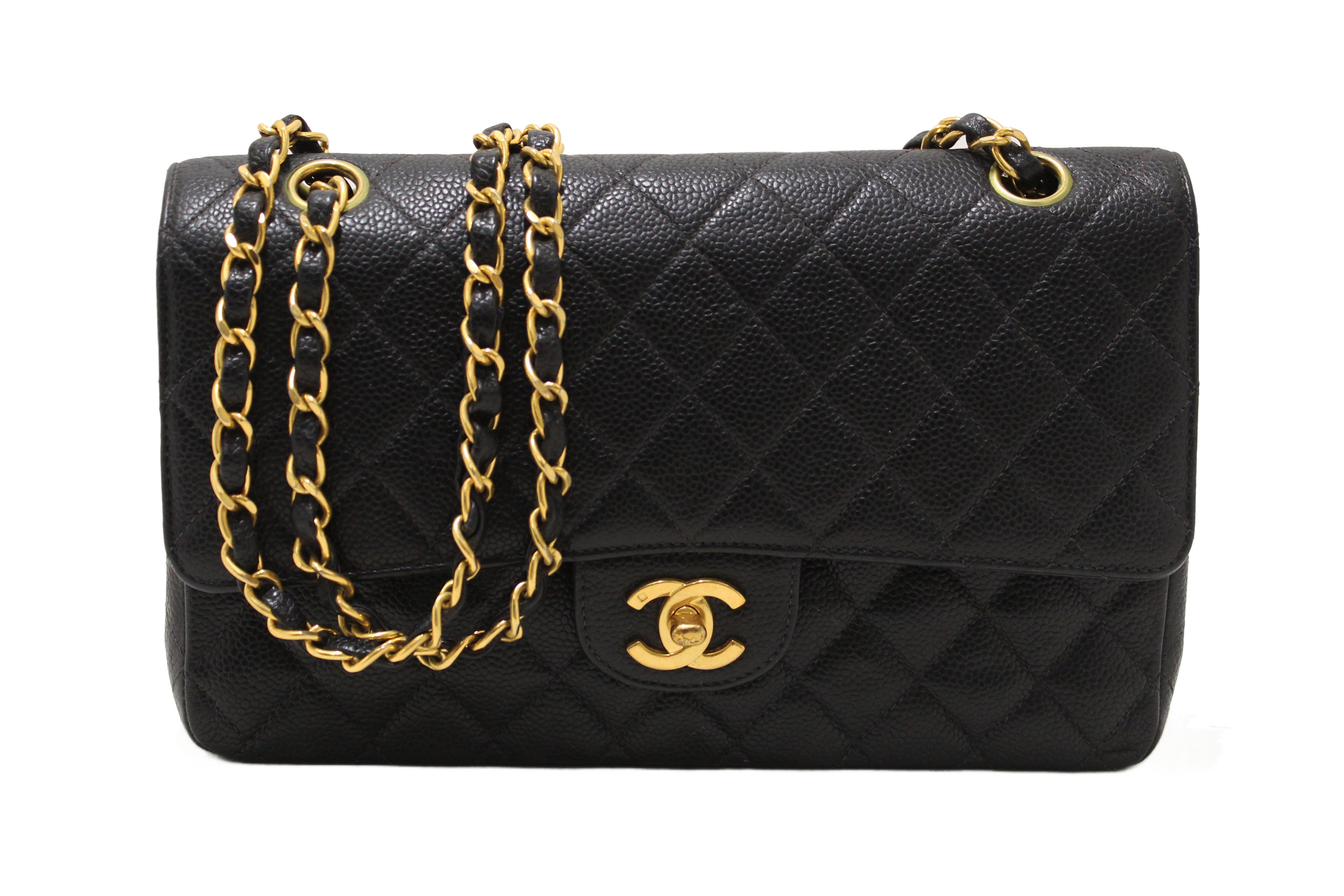 Authentic Chanel Classic Black Quilted Caviar Leather Classic Medium Double Flap Bag