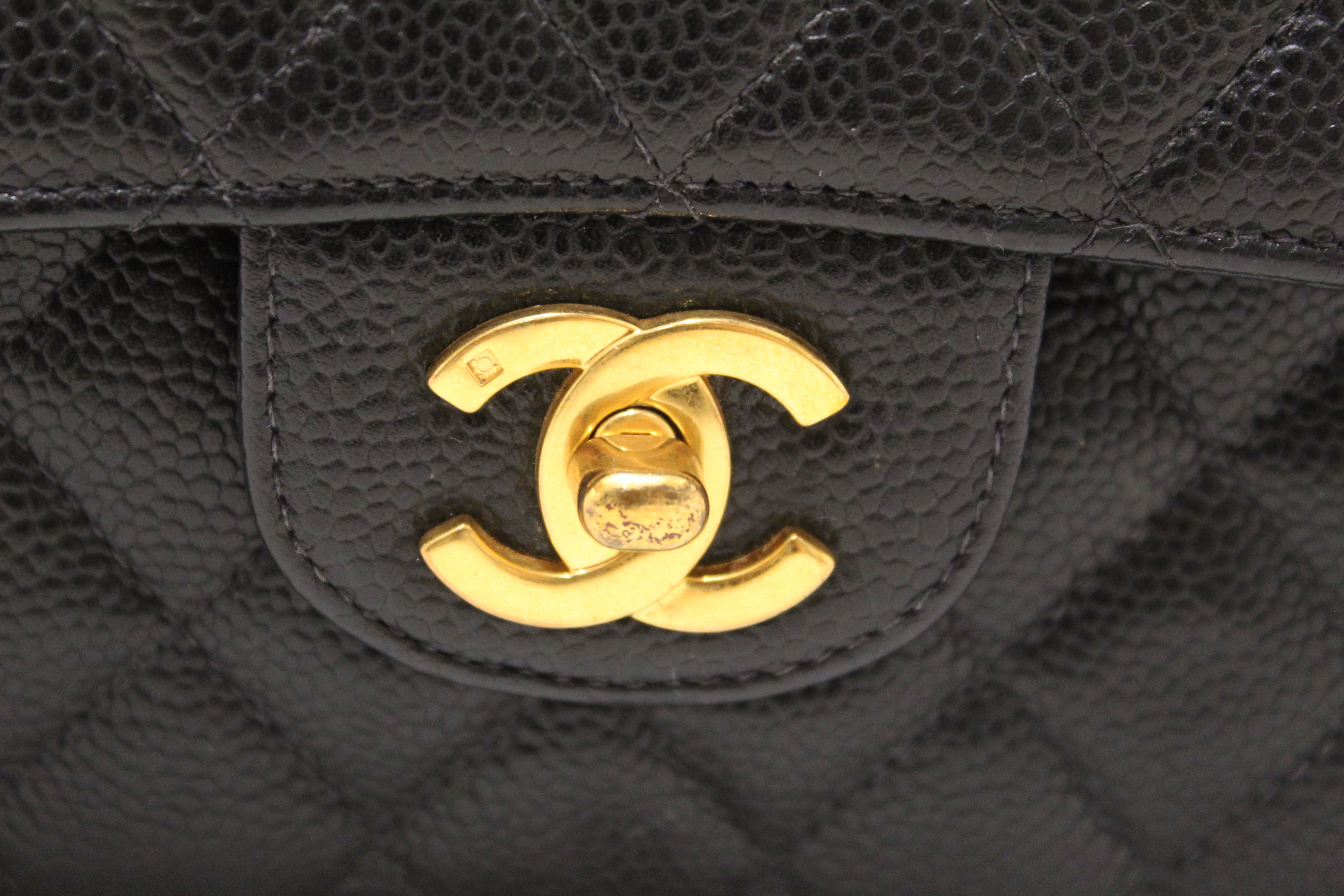 Authentic Chanel Classic Black Quilted Caviar Leather Classic Medium Double Flap Bag