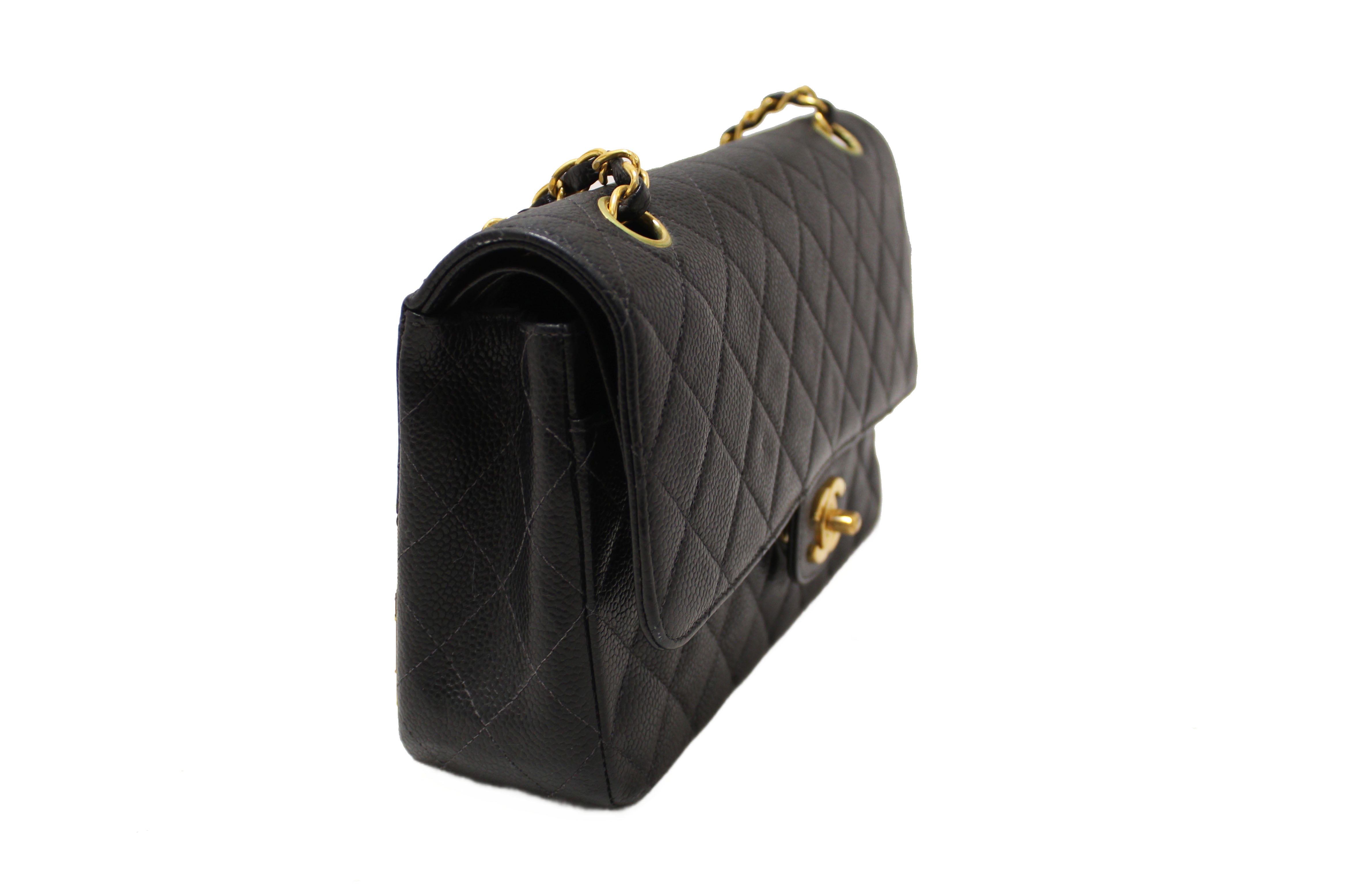Authentic Chanel Classic Black Quilted Caviar Leather Classic Medium Double Flap Bag
