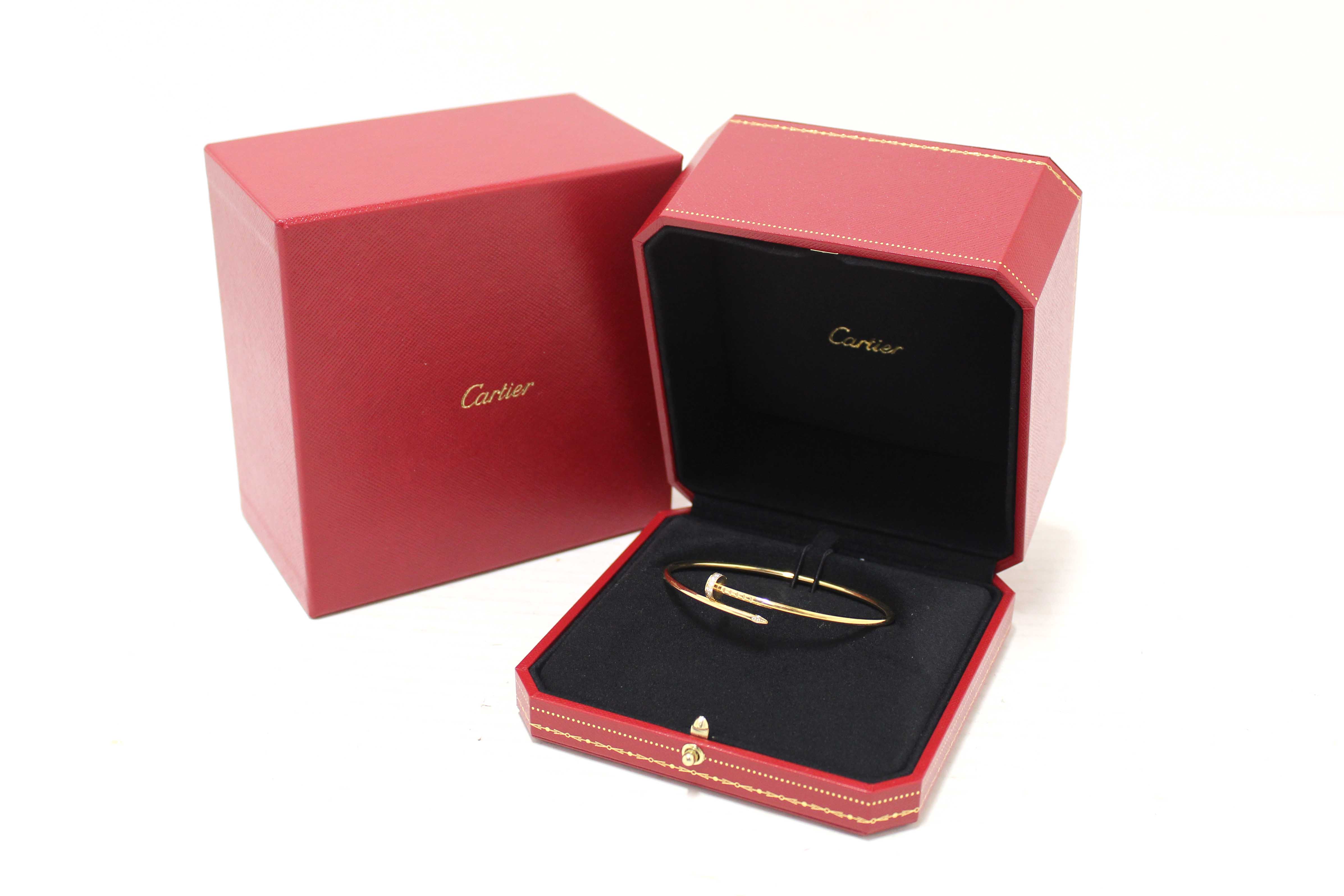 Authentic Cartier 18K Yellow Gold with Diamonds Small Juste Un Clou Bracelet Size 19