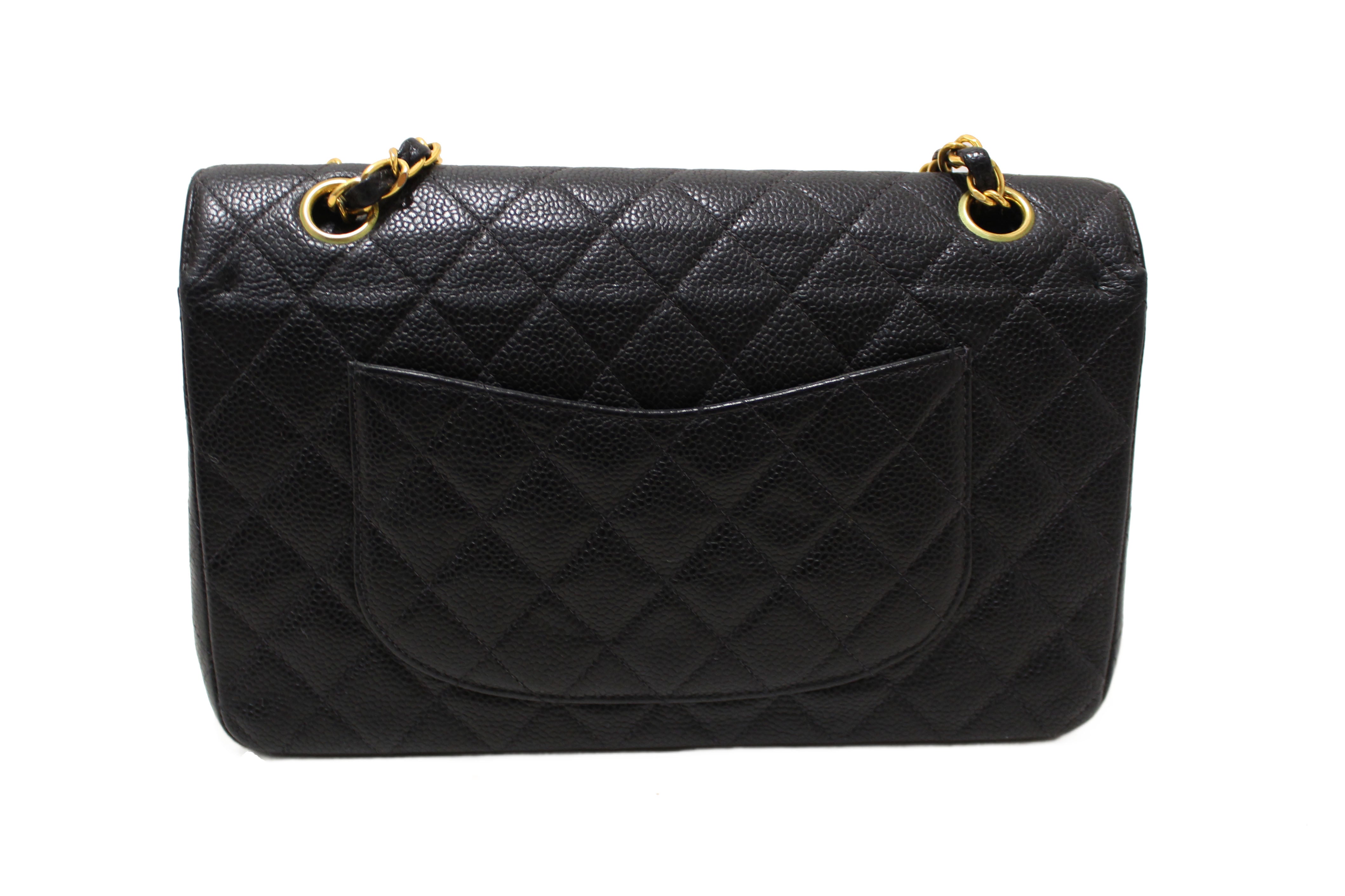 Authentic Chanel Classic Black Quilted Caviar Leather Classic Medium Double Flap Bag