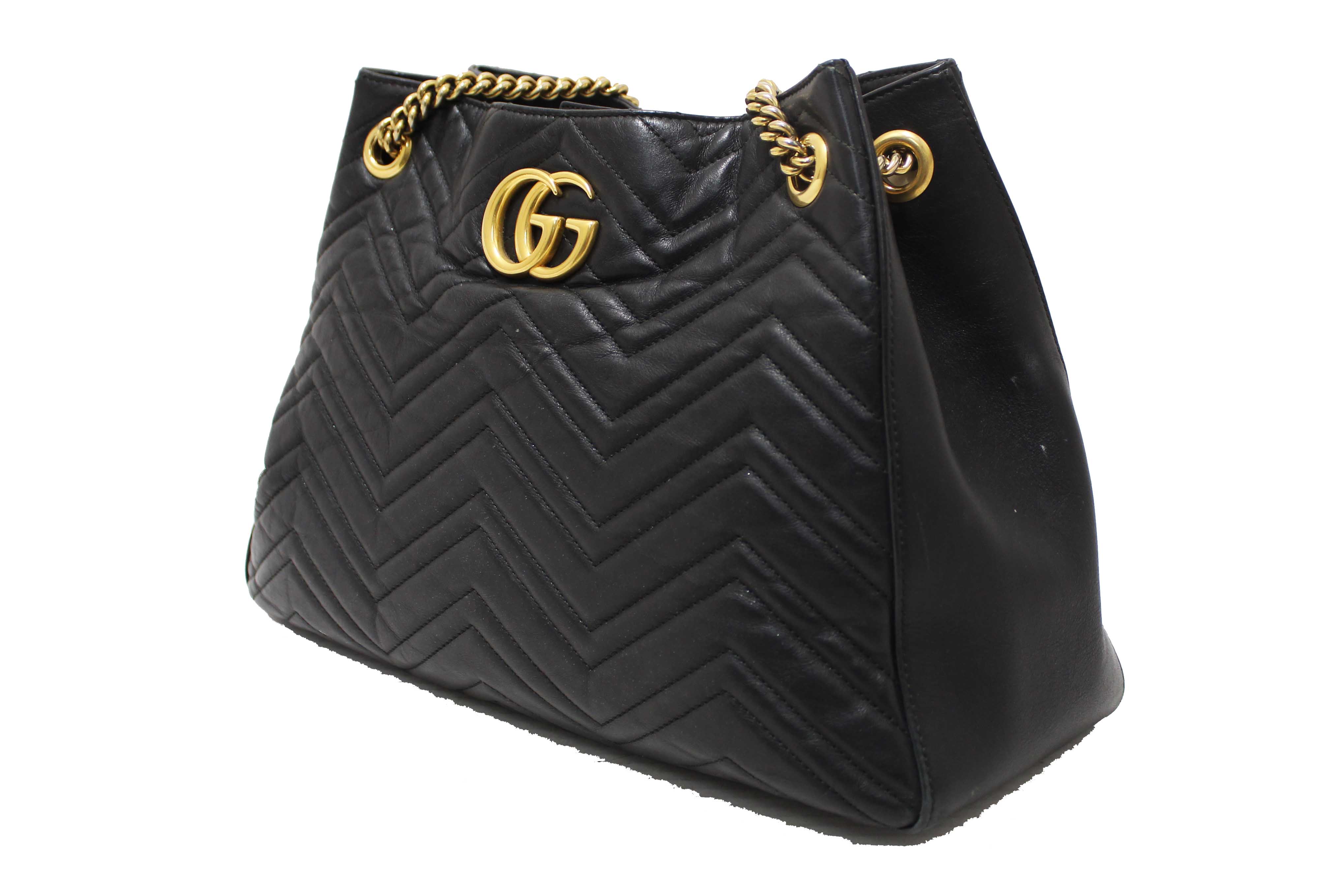 Authentic Gucci Black Leather Marmont Matelasse Medium Shoulder Tote 453569