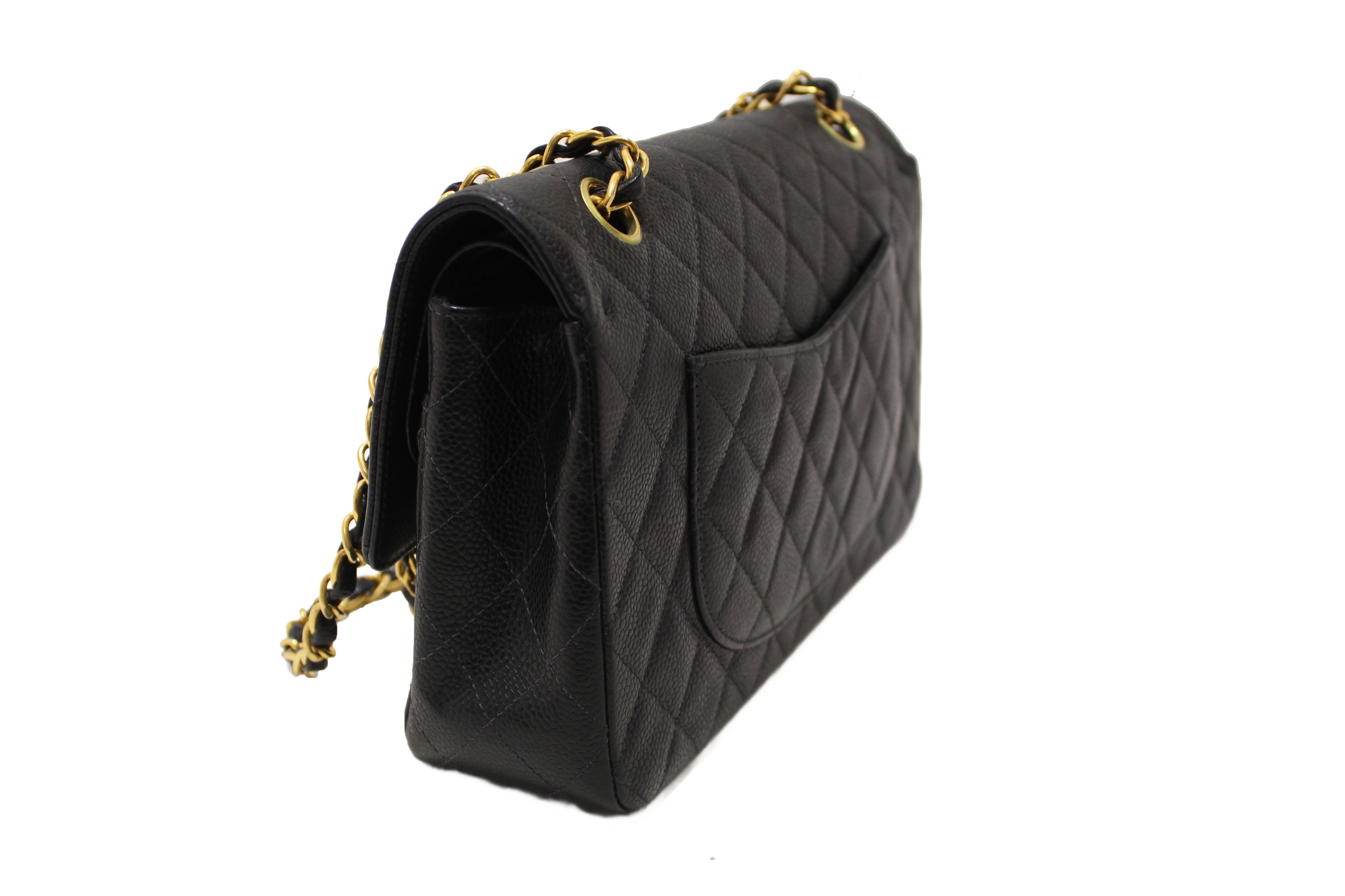 Authentic Chanel Classic Black Quilted Caviar Leather Classic Medium Double Flap Bag