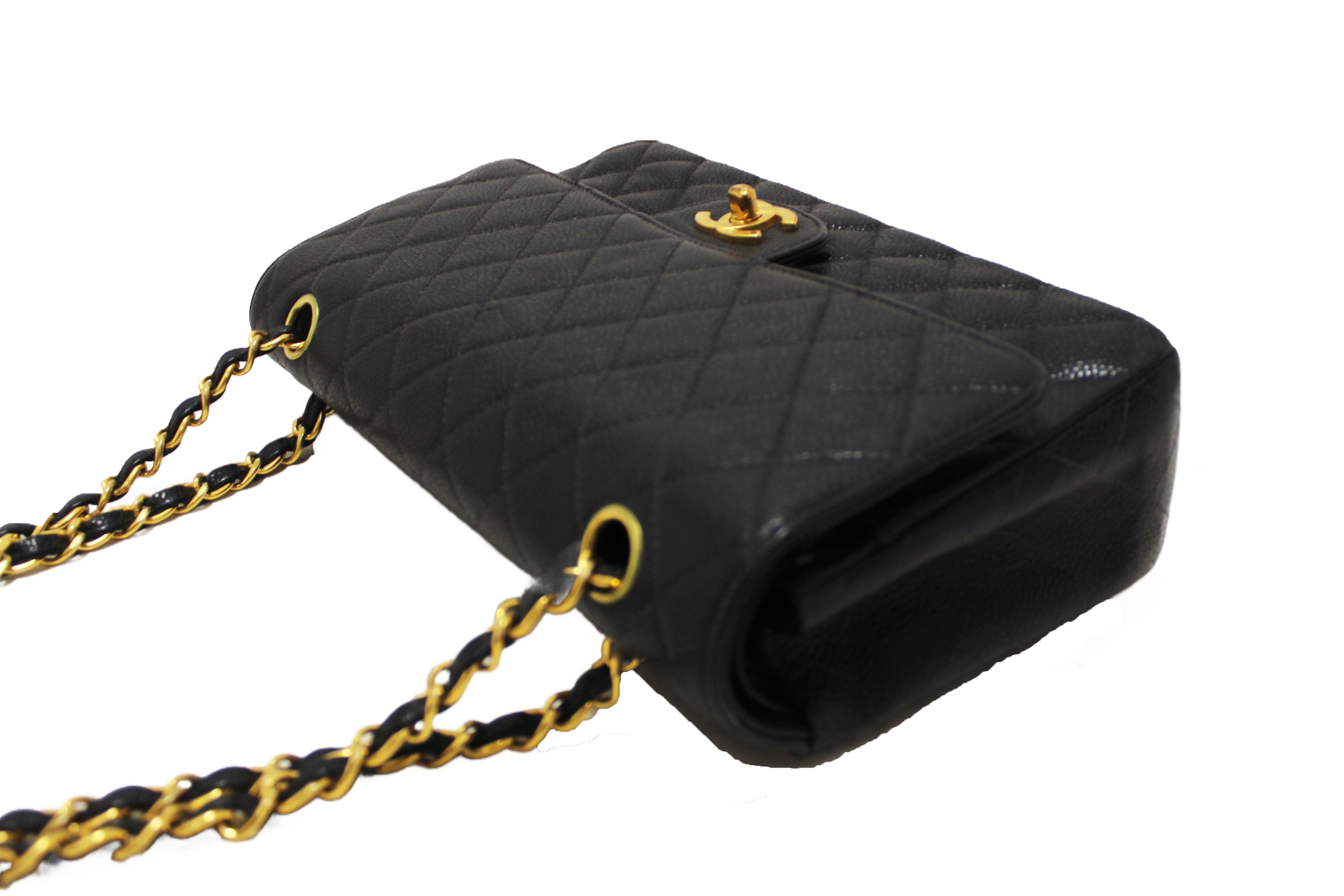 Authentic Chanel Classic Black Quilted Caviar Leather Classic Medium Double Flap Bag