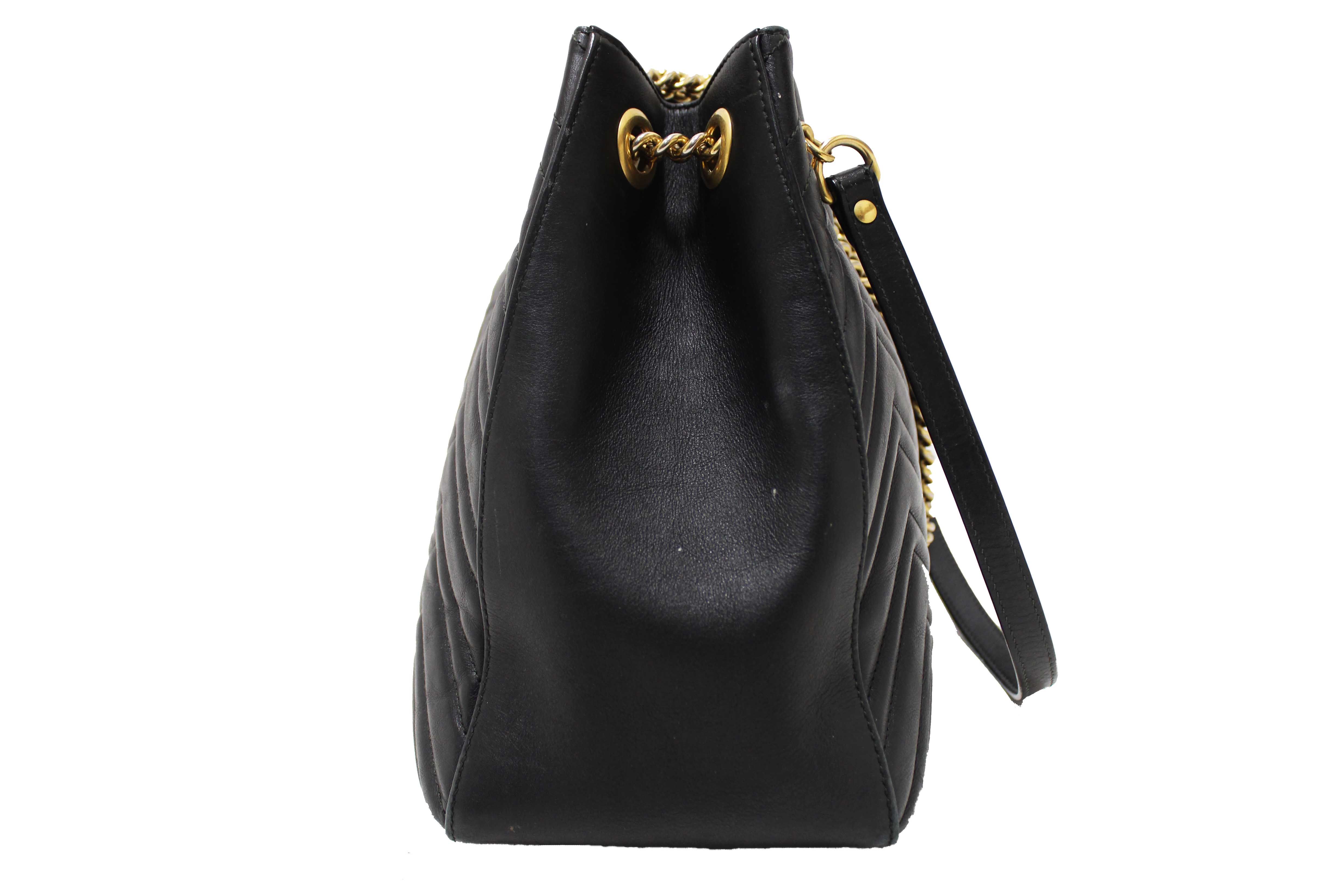 Authentic Gucci Black Leather Marmont Matelasse Medium Shoulder Tote 453569
