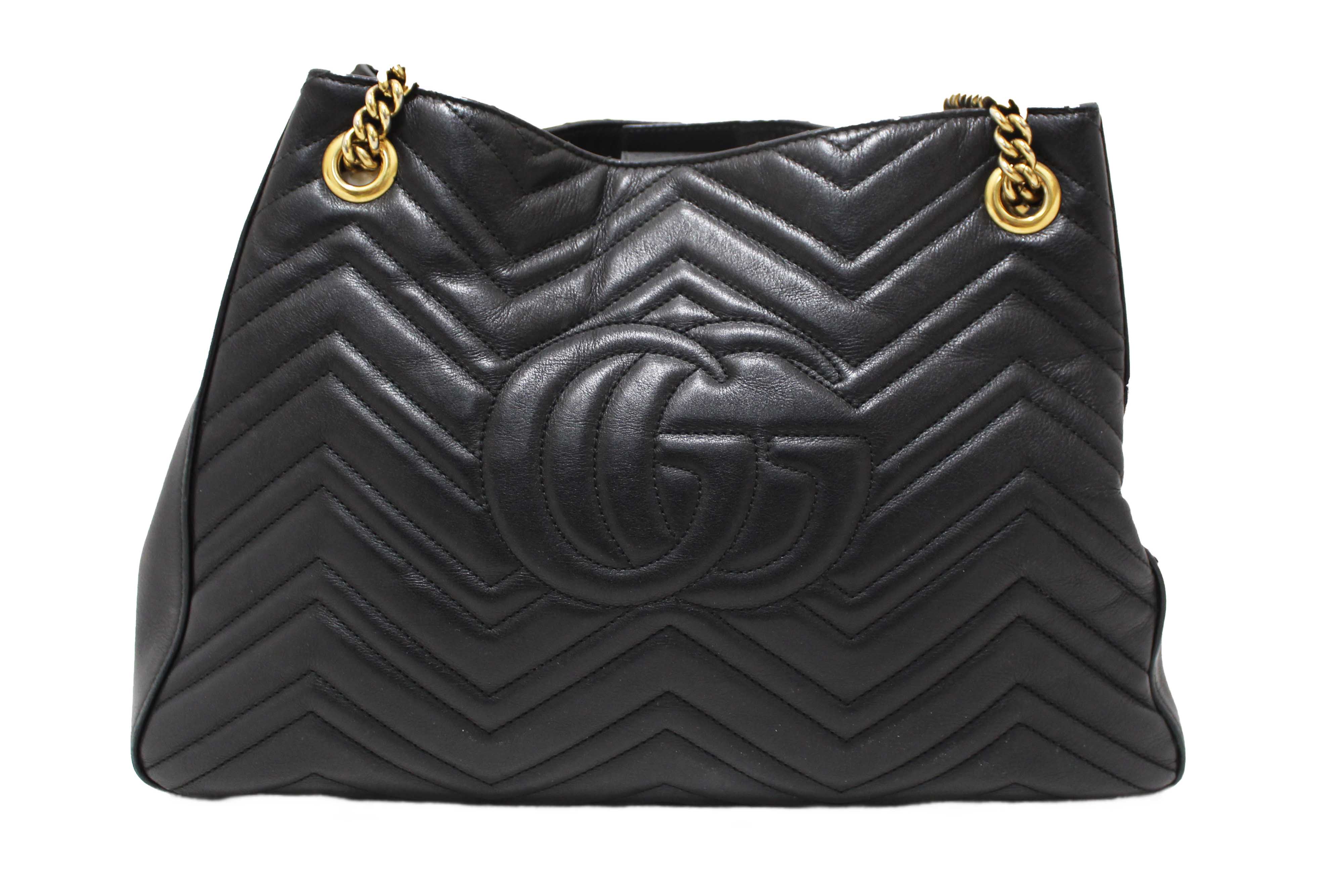Authentic Gucci Black Leather Marmont Matelasse Medium Shoulder Tote 453569