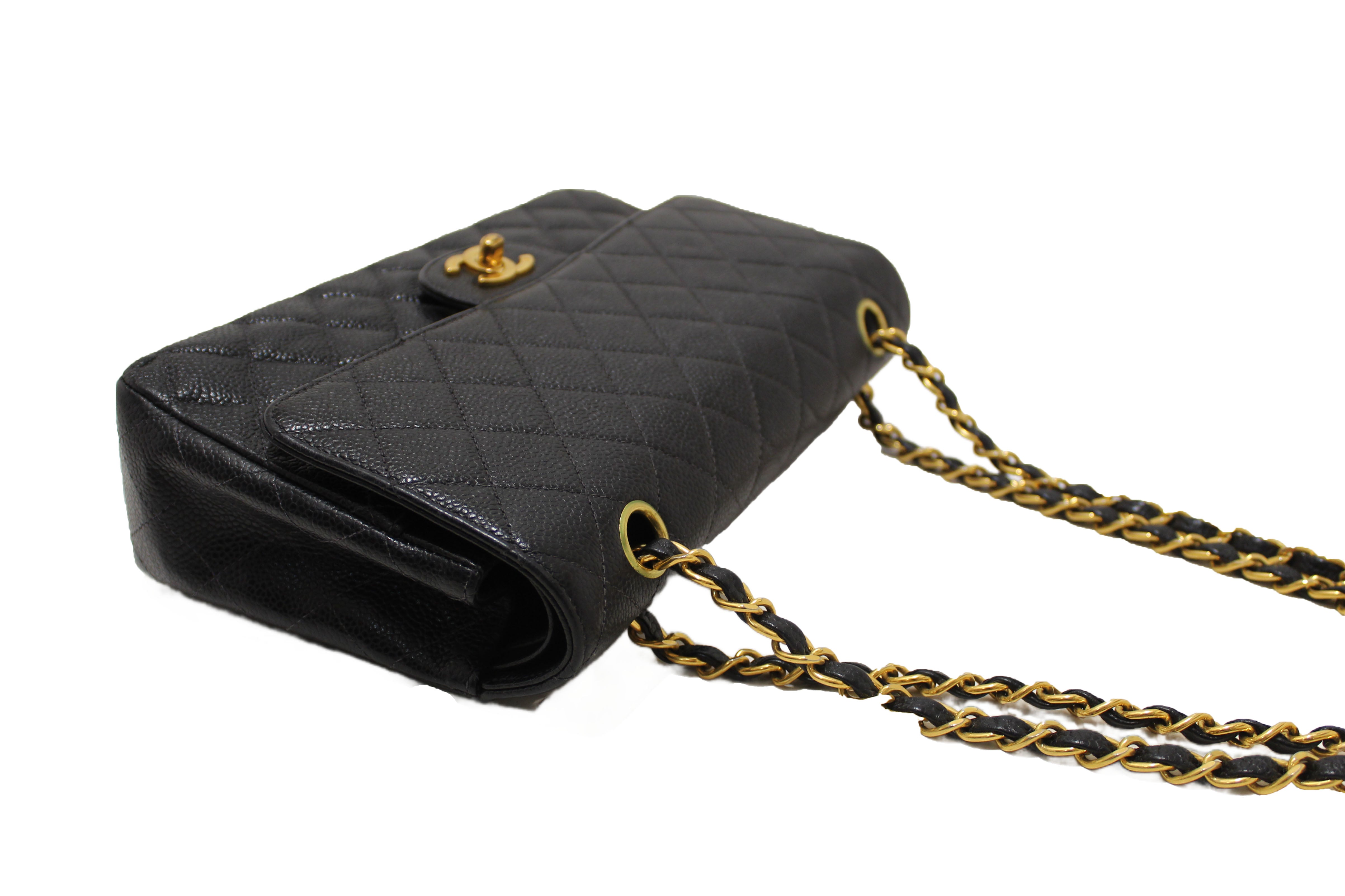 Authentic Chanel Classic Black Quilted Caviar Leather Classic Medium Double Flap Bag