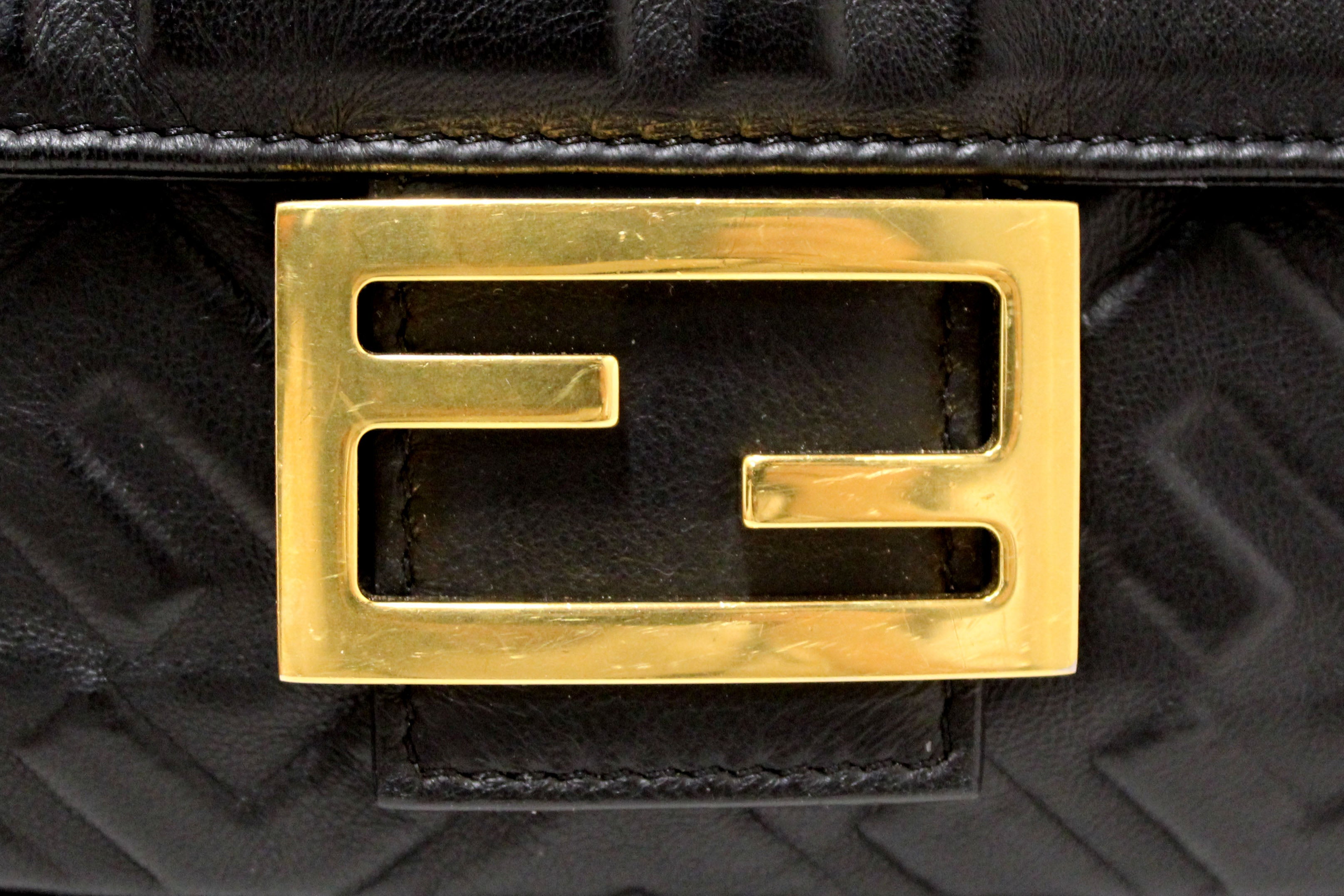 Authentic Fendi Black Nappa Leather FF 1974 Embossed Baguette Bag