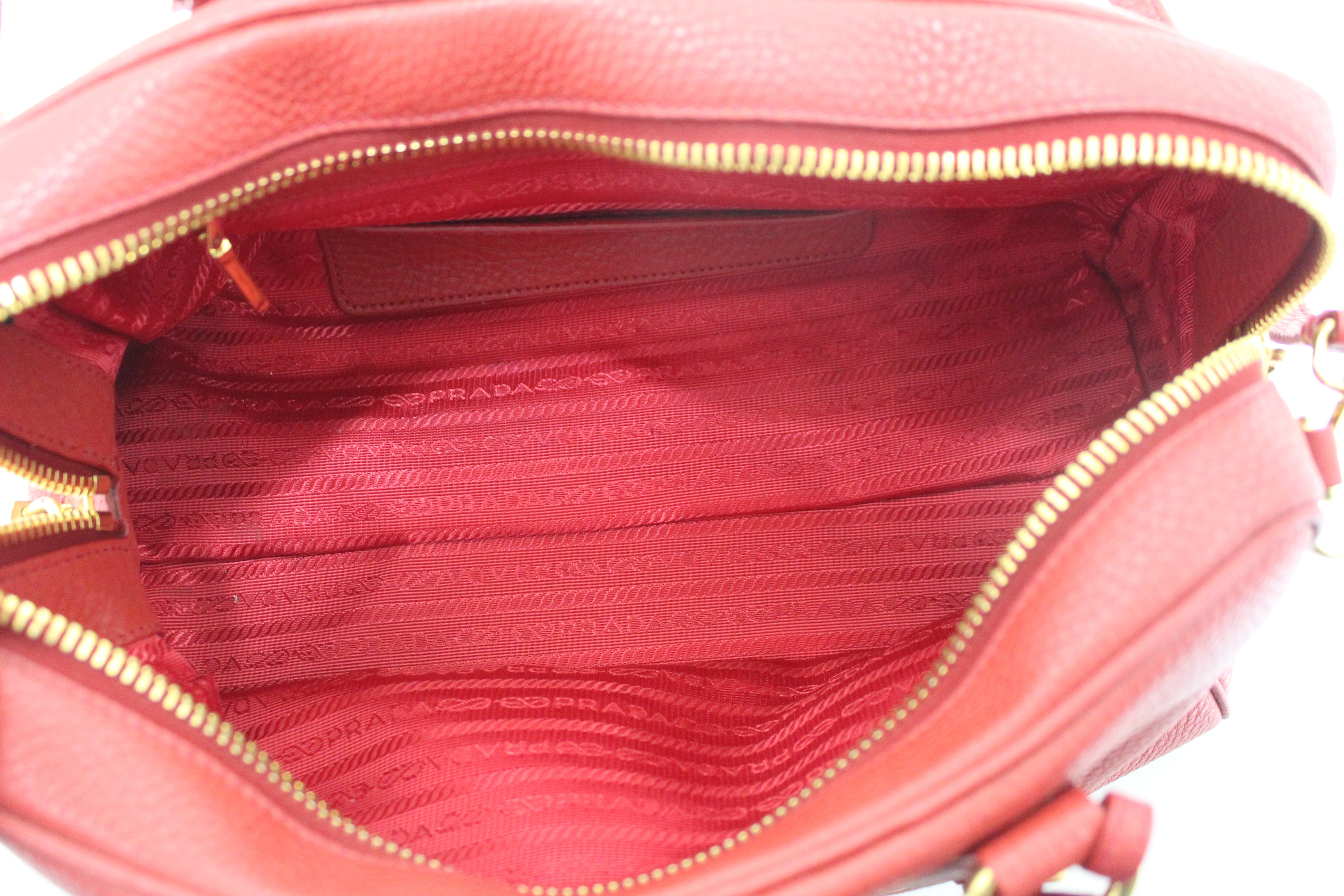 Authentic Prada Red Vitello Daino Bauletto Leather Bowling Bag