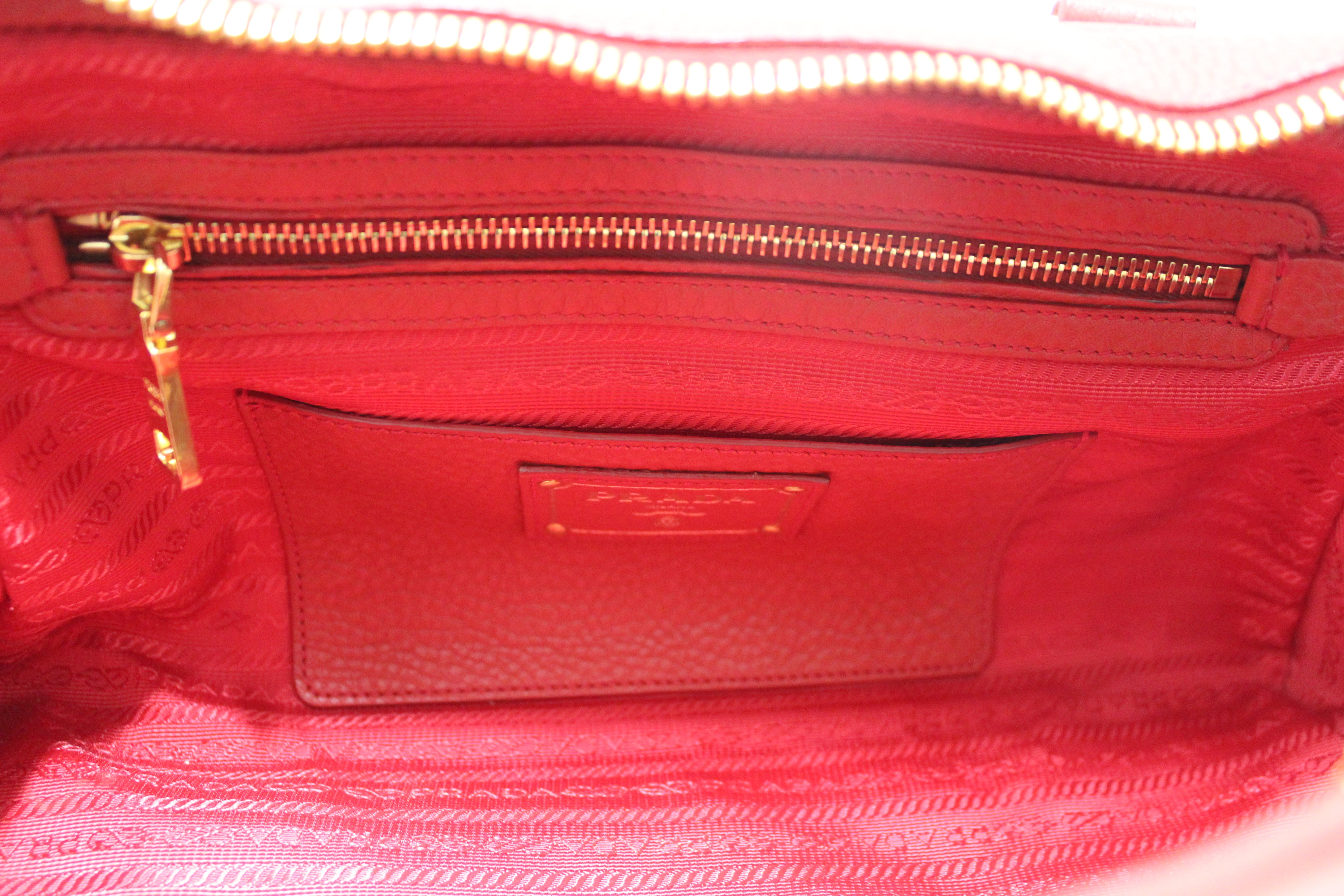 Authentic Prada Red Vitello Daino Bauletto Leather Bowling Bag