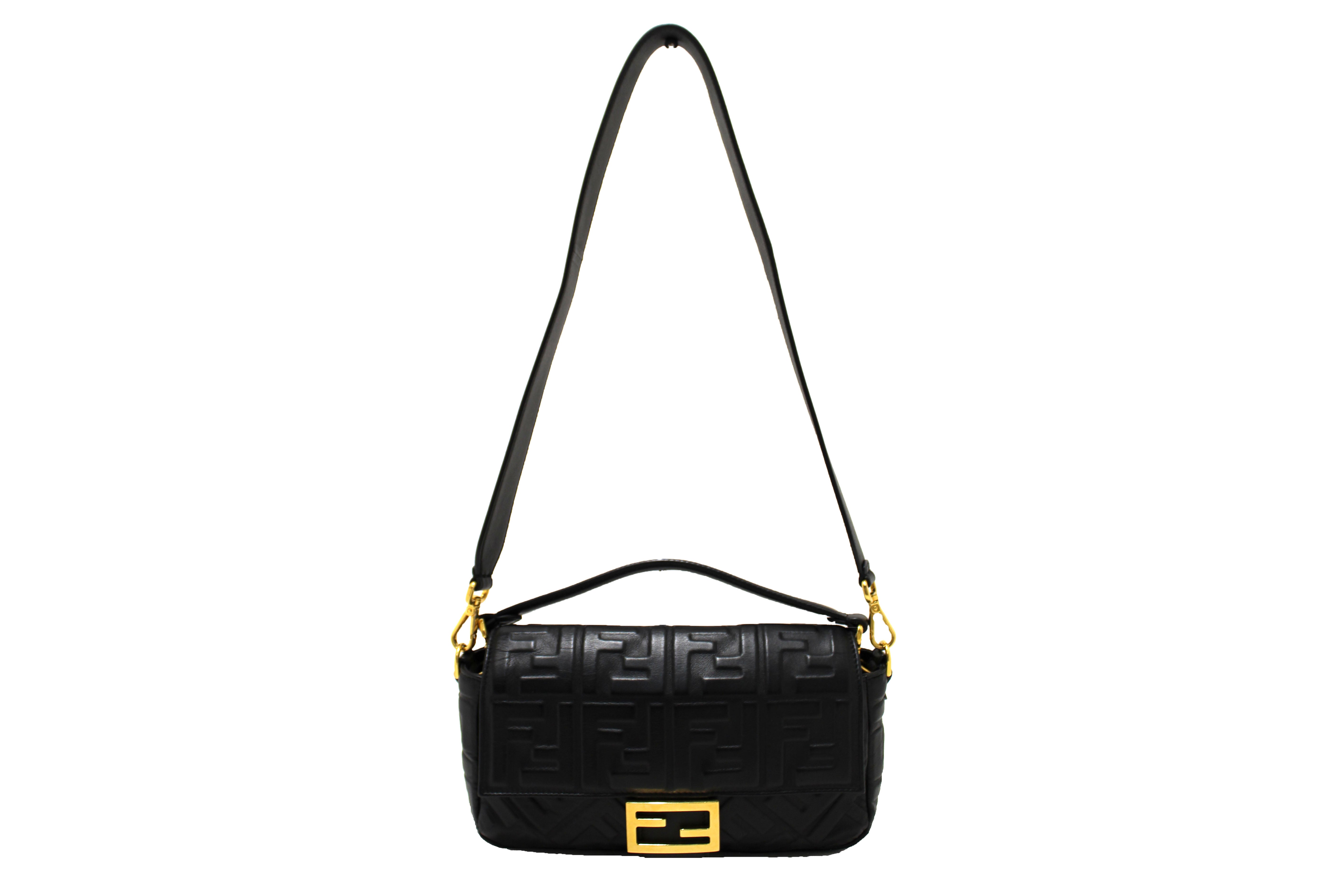 Authentic Fendi Black Nappa Leather FF 1974 Embossed Baguette Bag