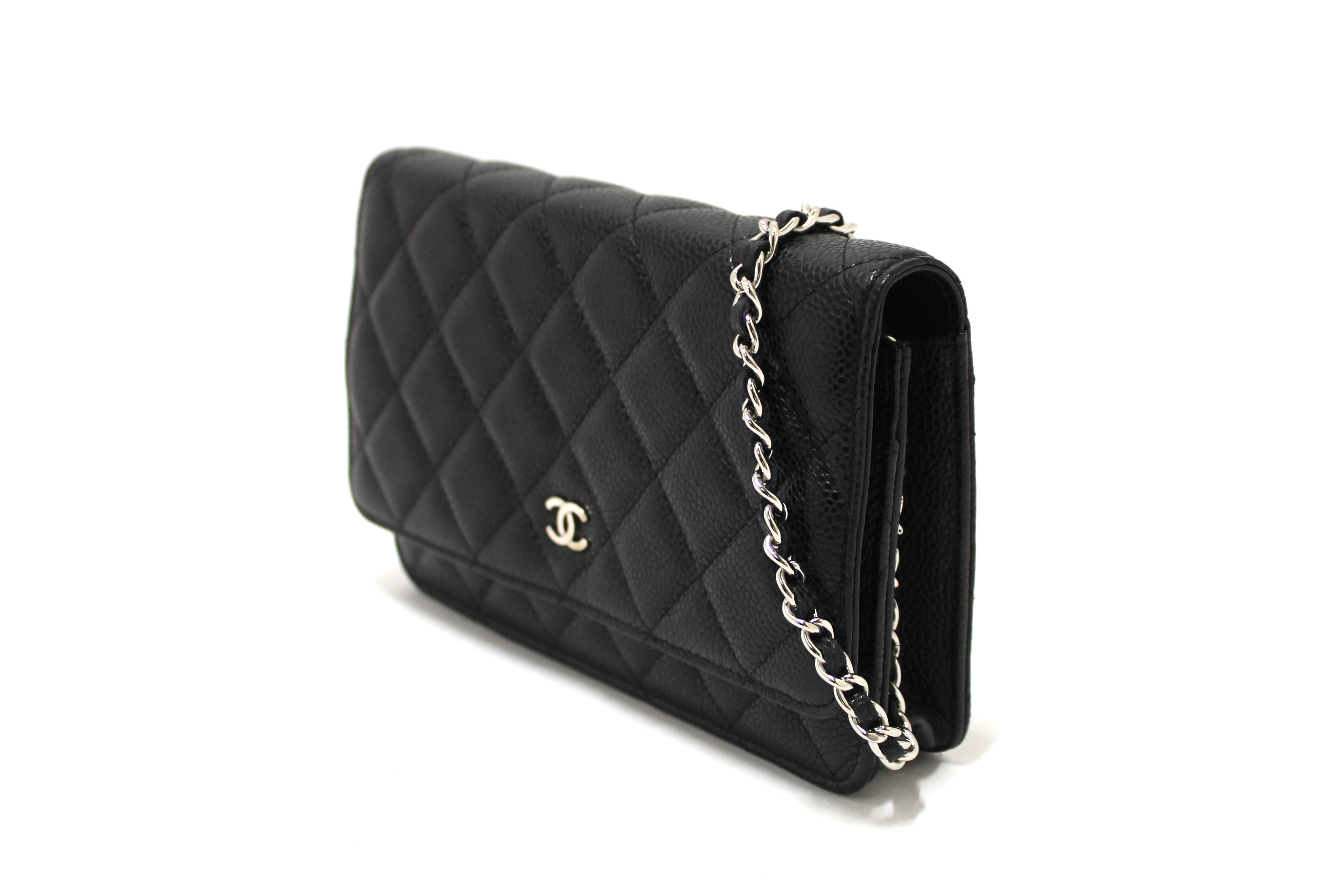 Authentic Chanel Black Quilted Caviar Leather Wallet On Chain WOC Messenger Bag