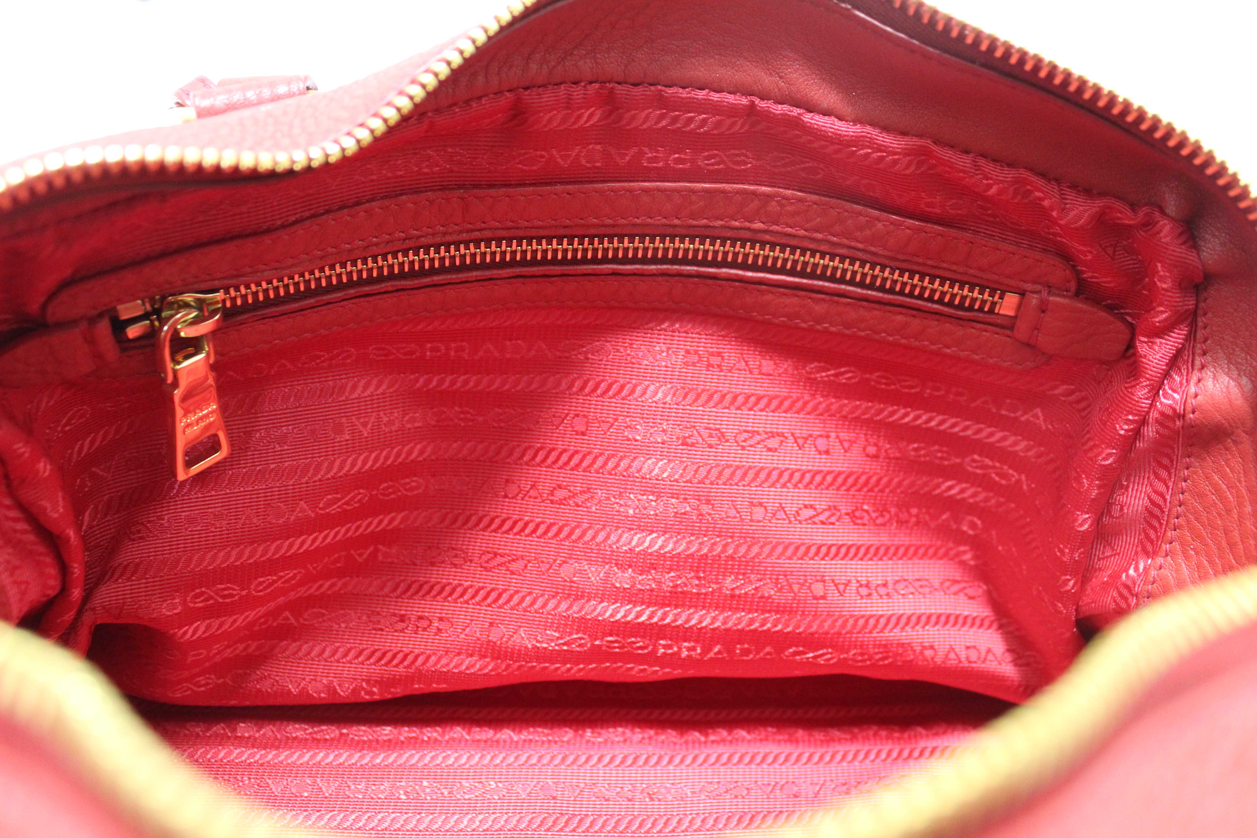 Authentic Prada Red Vitello Daino Bauletto Leather Bowling Bag