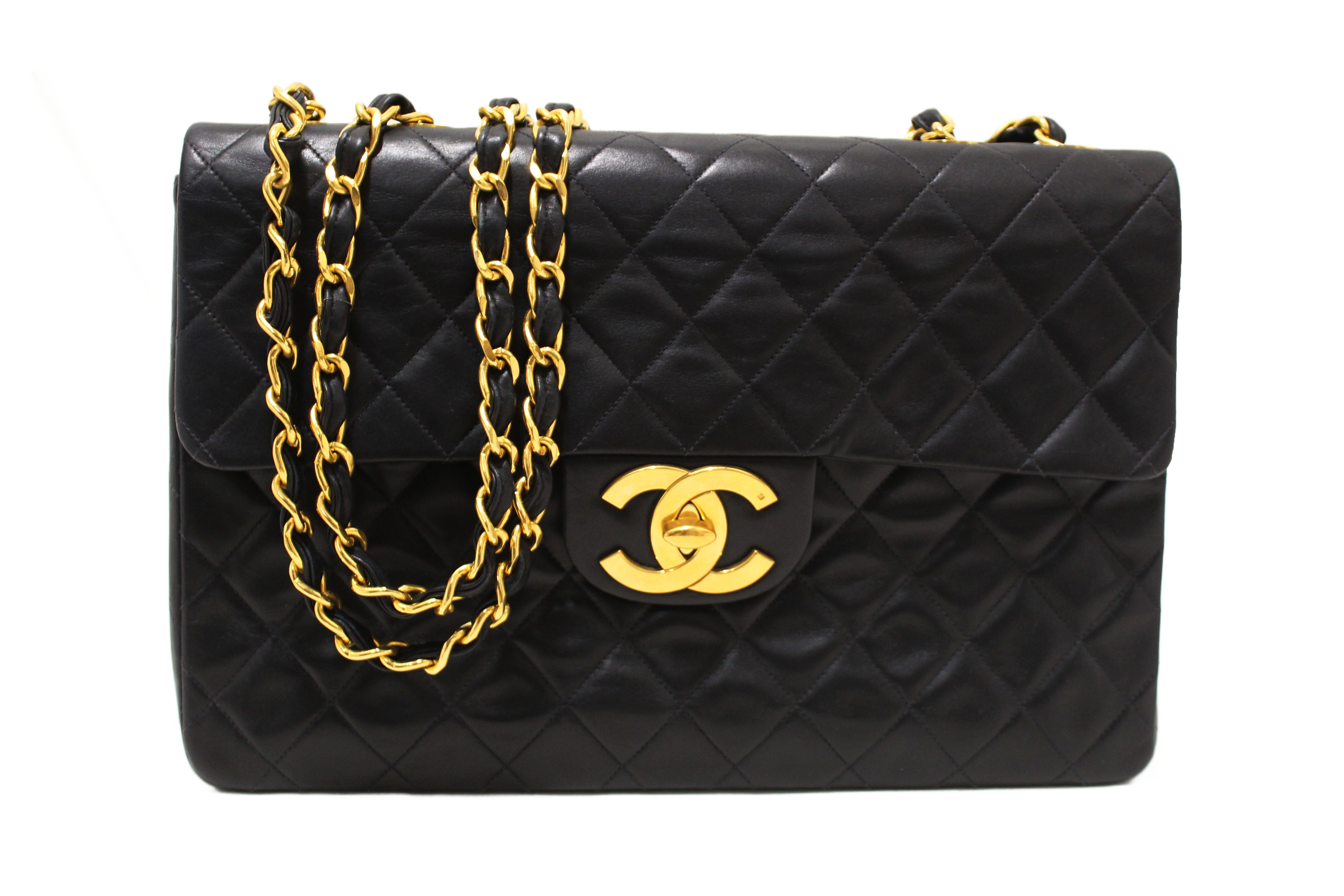 Authentic Chanel Vintage Black Quilted Lambskin Leather Classic Maxi Flap Bag