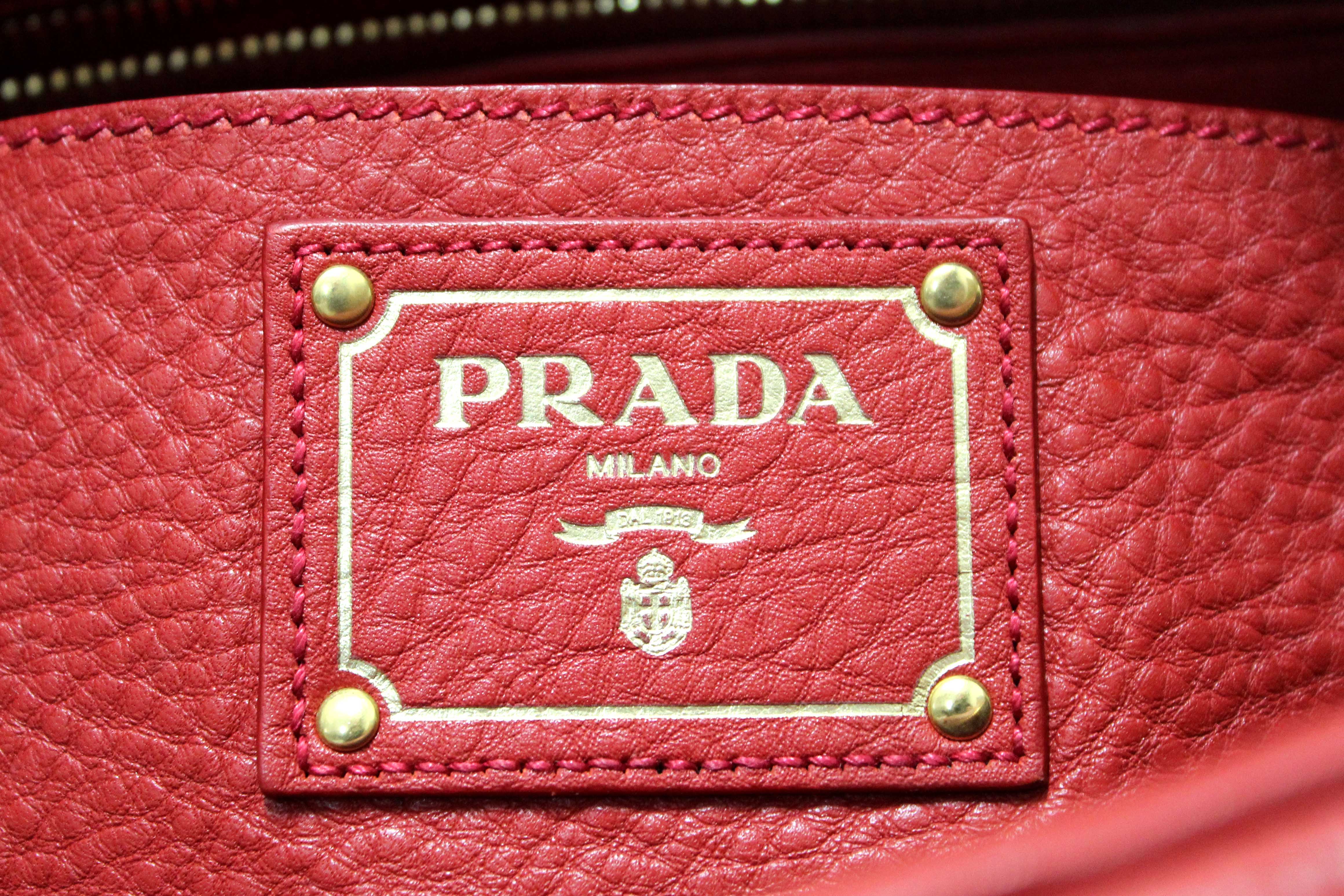 Authentic Prada Red Vitello Daino Bauletto Leather Bowling Bag