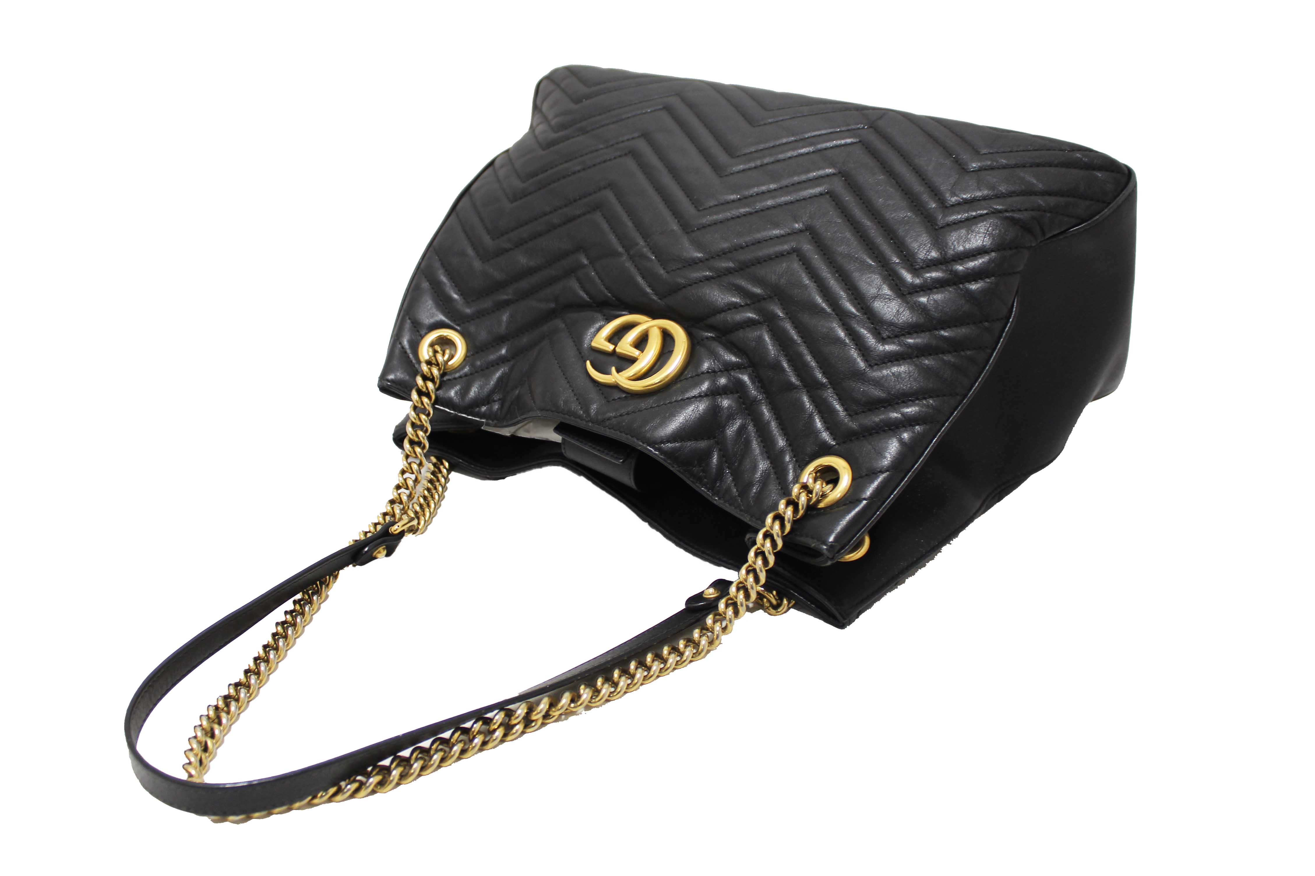 Authentic Gucci Black Leather Marmont Matelasse Medium Shoulder Tote 453569