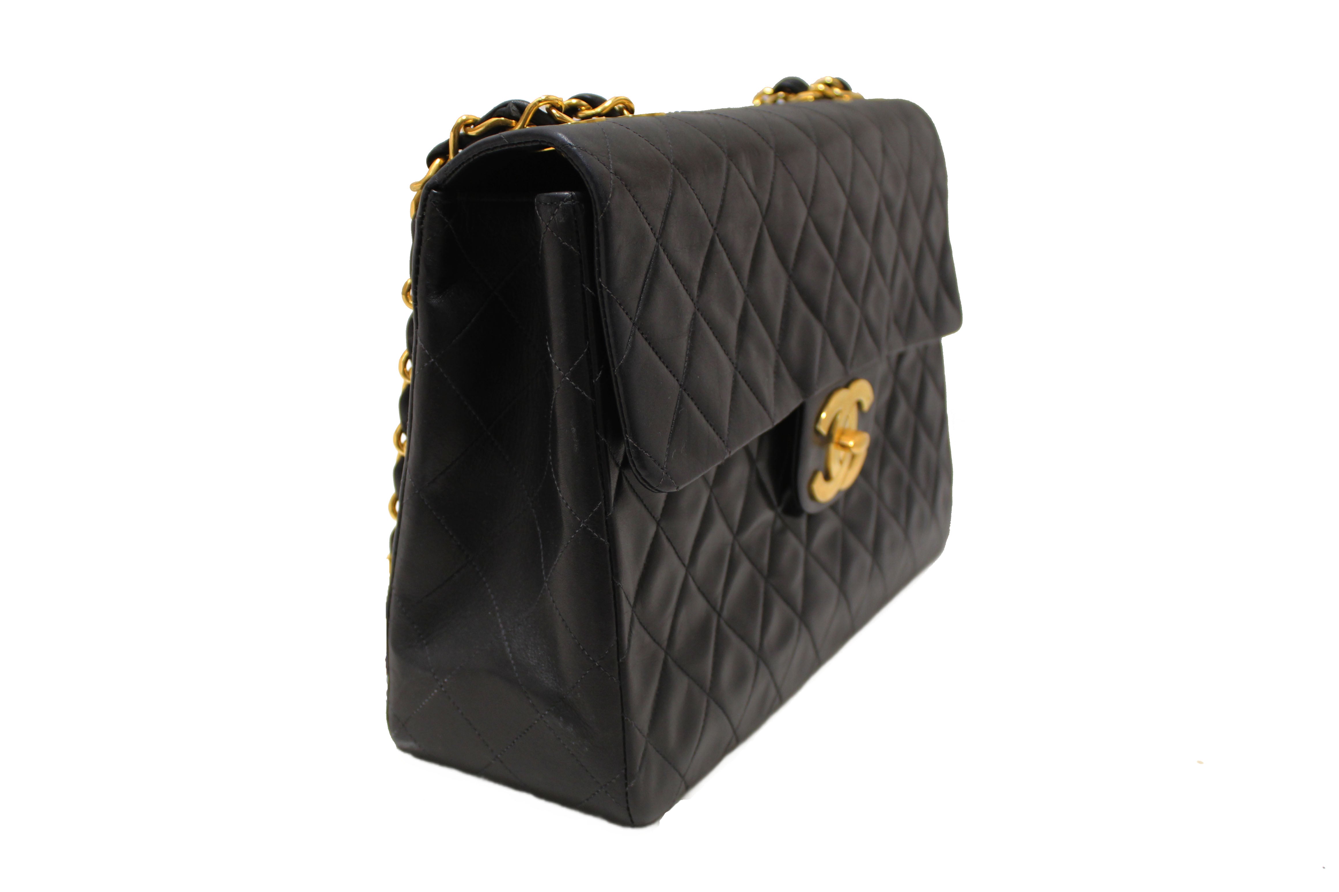 Authentic Chanel Vintage Black Quilted Lambskin Leather Classic Maxi Flap Bag